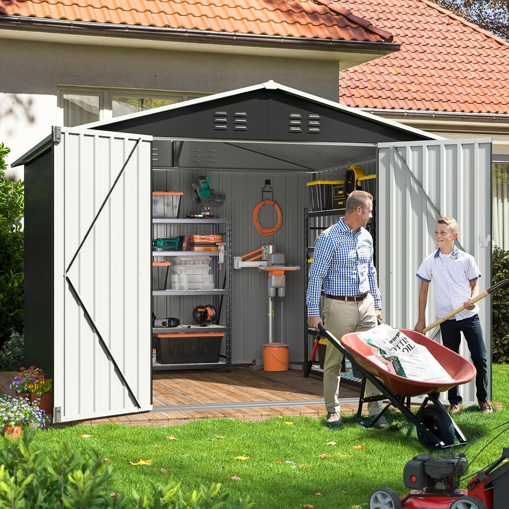 Polar Aurora Outdoor Storage Shed, Metal Garden Shed with Updated Frame Structure, Tool Sheds for Backyard Garden Patio Lawn (White, 6x8 FT)