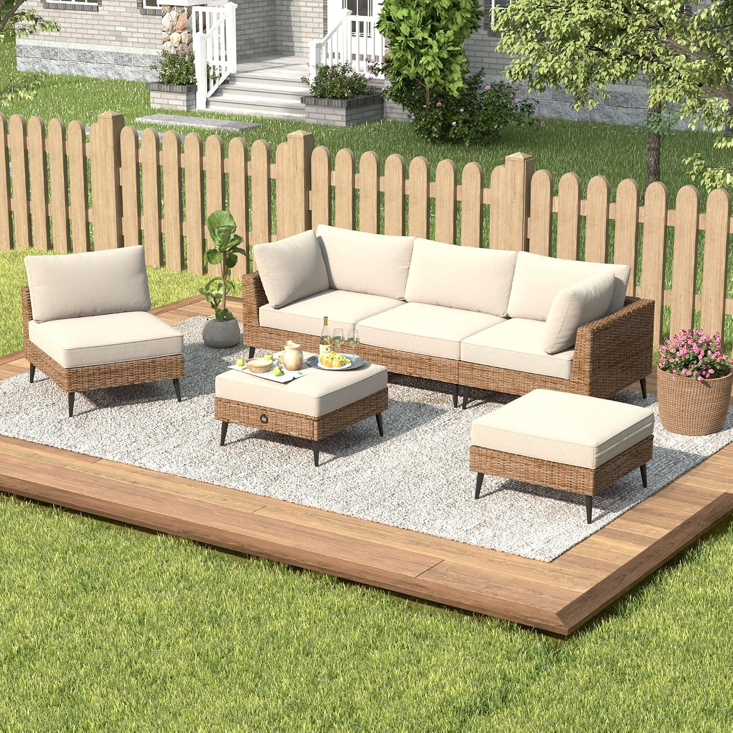 LVUYOYO 6 Pieces Outdoor Patio Furniture Set, Wicker Sectional Sofa Set for All-Weather, Rattan Conversation Sets with Cushions and Storage for Deck, Backyard, Porch (Khaki)