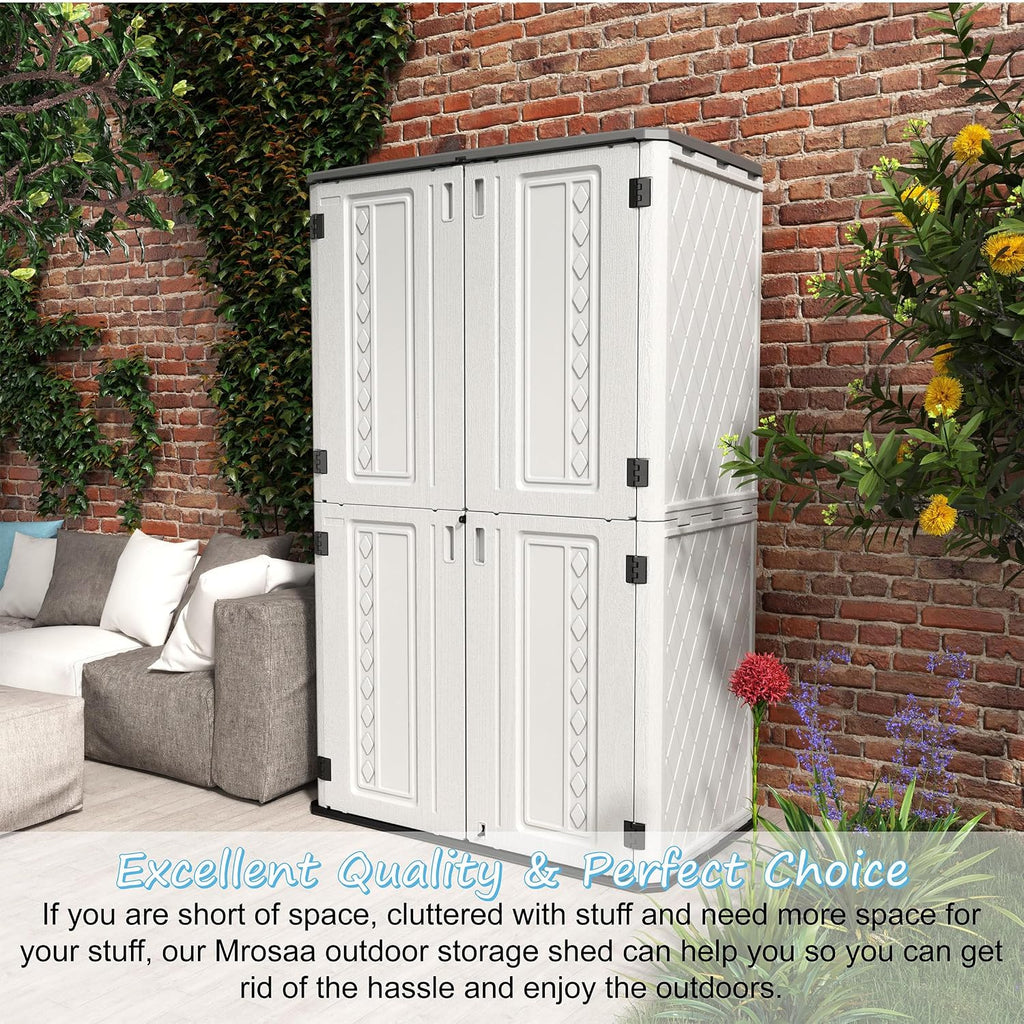 Mrosaa Vertical Resin Storage Shed, 52 Cubic Feet Outdoor Storage Cabinet Waterproof for Garden/Backyard/Home/Pool, Customized Shelves & Lockable(Off White)