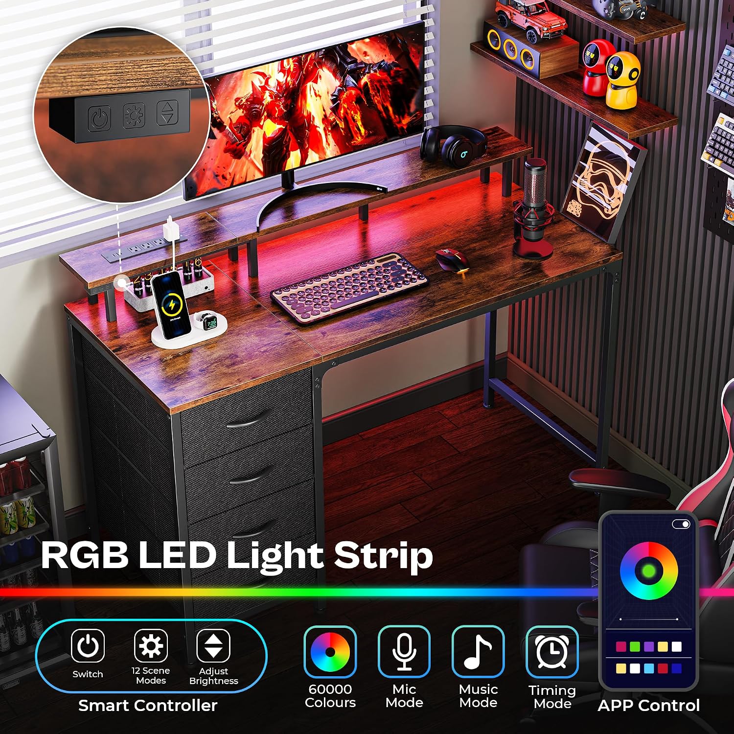 Huuger 47 Inch Computer Desk with Power Outlets and LED Lights, Gaming Desk with 4 Drawers, Office Desk with Monitor Stand, Study Work for Home Office, Small Spaces, Rustic Brown