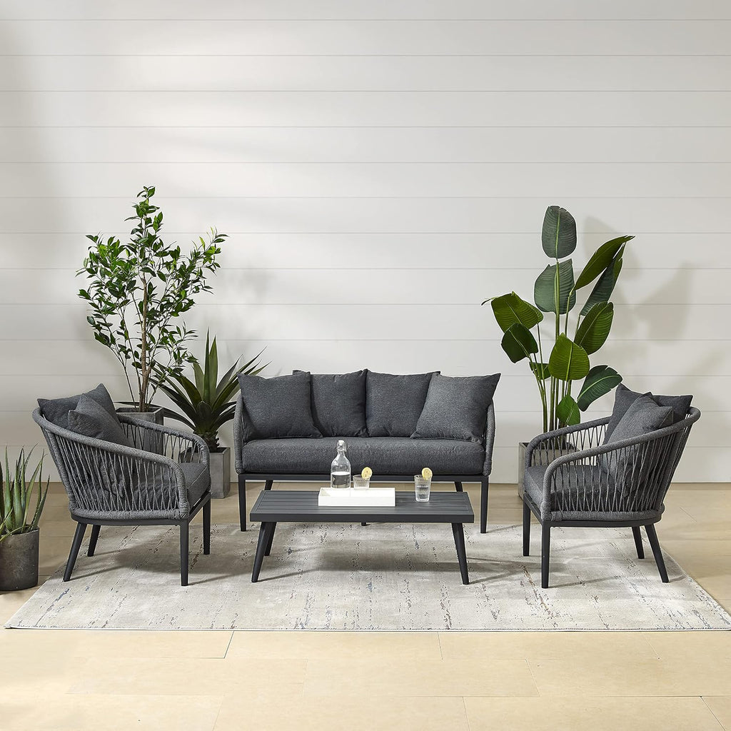Crosley Furniture Dover 4-Piece Outdoor Loveseat Patio Furniture Set, Conversation Sets for Porch, Deck, Matte Black with Charcoal Cushions