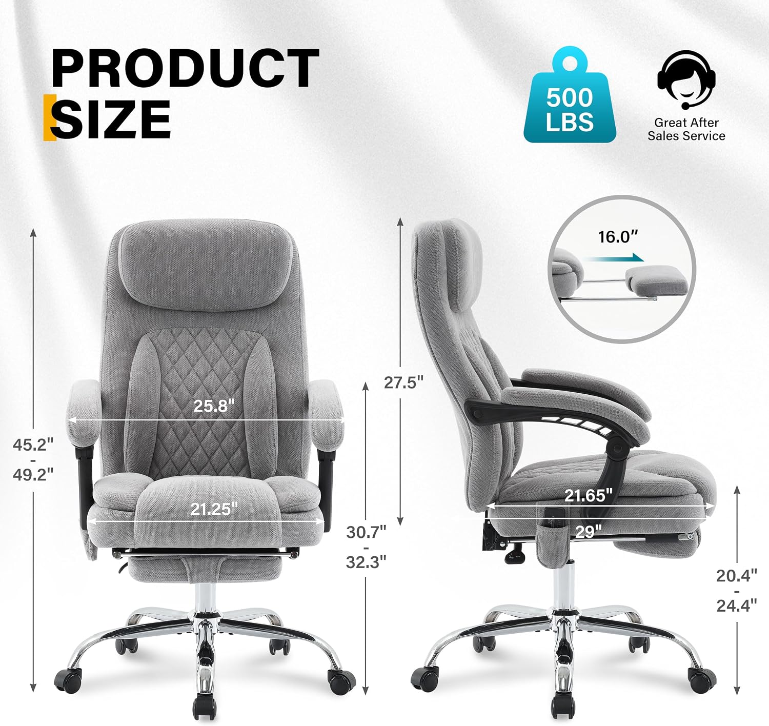 6-Point Massage Ergonomic Office Chair with Heated, Footrest & 45Reclining High Back, Big and Tall Executive Desk Chair 500LBS, Thick Cushion for Home Office, Grey