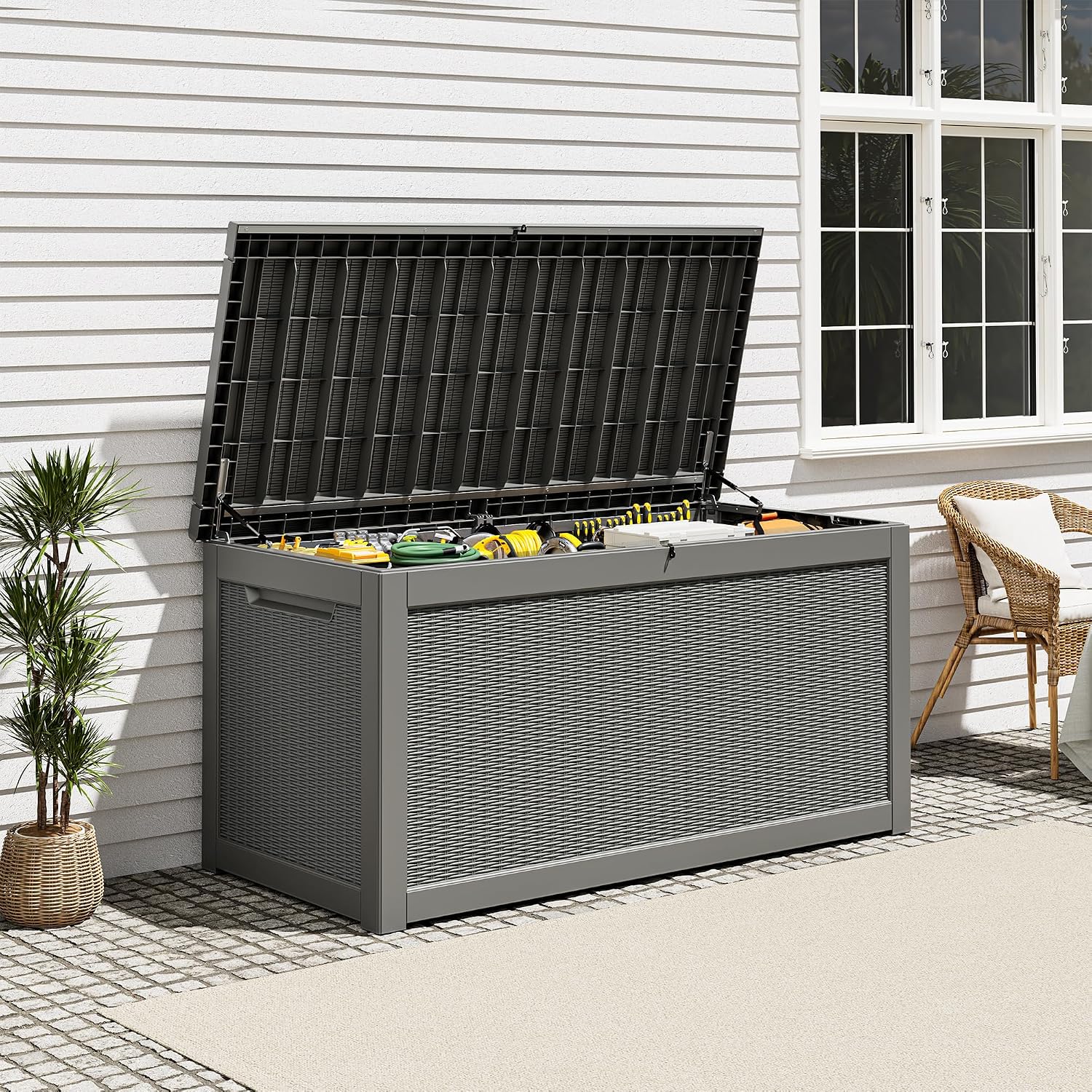 Outdoor Storage Box, Resin Deck Boxes Indoor and outdoor, Waterproof Storage Box Lockable Lid Grey,260 Gallon