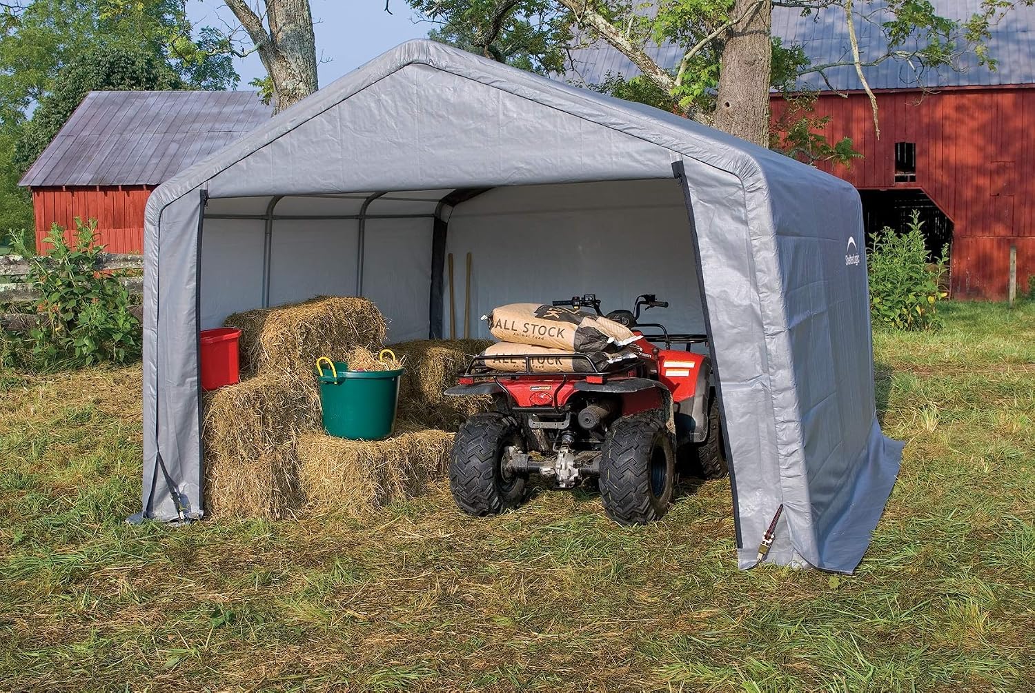 ShelterLogic Shed-in-a-Box All Season Steel Metal Peak Roof Outdoor Storage Shed with Waterproof Cover and Heavy Duty Reusable Auger Anchors 12' x 12'