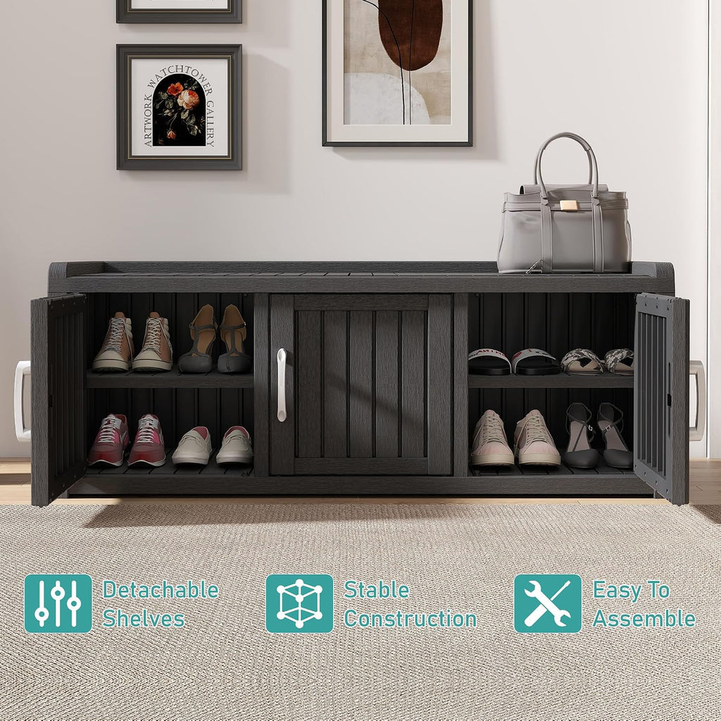 KAMABOKO Outdoor Shoe Storage Cabinet Waterproof UV-Resistant, Entryway Storage Bench Indoor Outdoor with 3 Barn Doors, Adjustable Shelves for Entryway, Bedroom, Hallway,Living Room(Black)