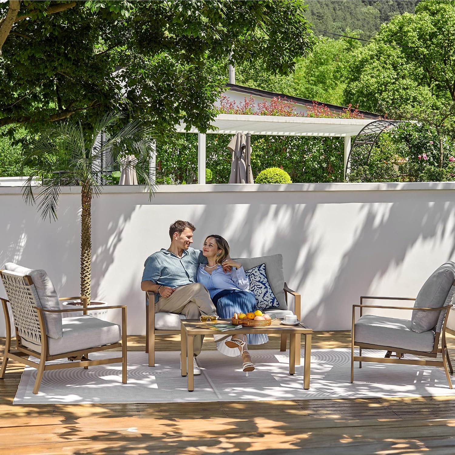 NATURAL EXPRESSIONS 4 Pieces Patio Furniture Sets,Modern Metal Outdoor Conversation Sets with All Weather Hand-Woven Rope Chairs,High Back Frame,Metal Table, 6' Thick Olefin Cushions for Yard,Garden
