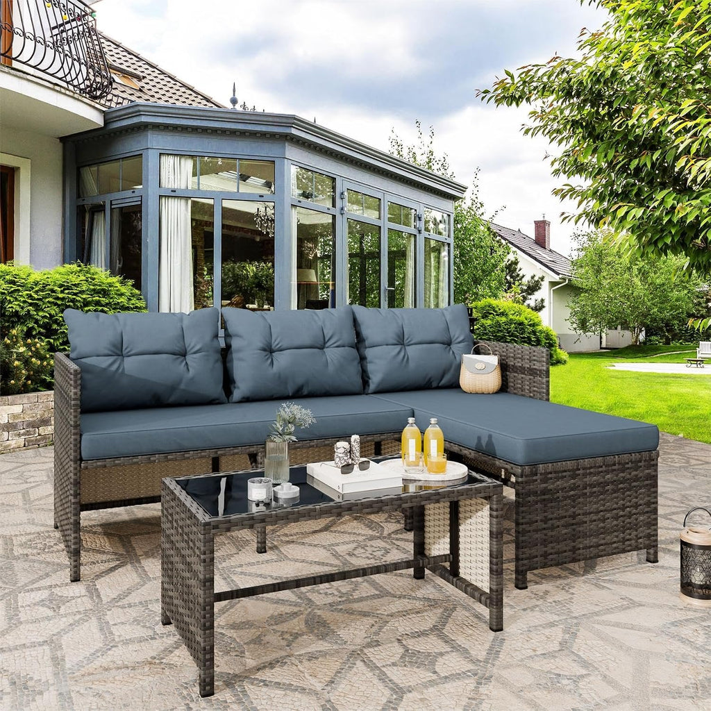 Vongrasig 3 Pieces Patio Furniture Sets, All-Weather Wicker Outdoor Sofa Couch Sectional Set, Small Conversation Set for Patio, Garden w/Cushion, Glass Table, (Blue)