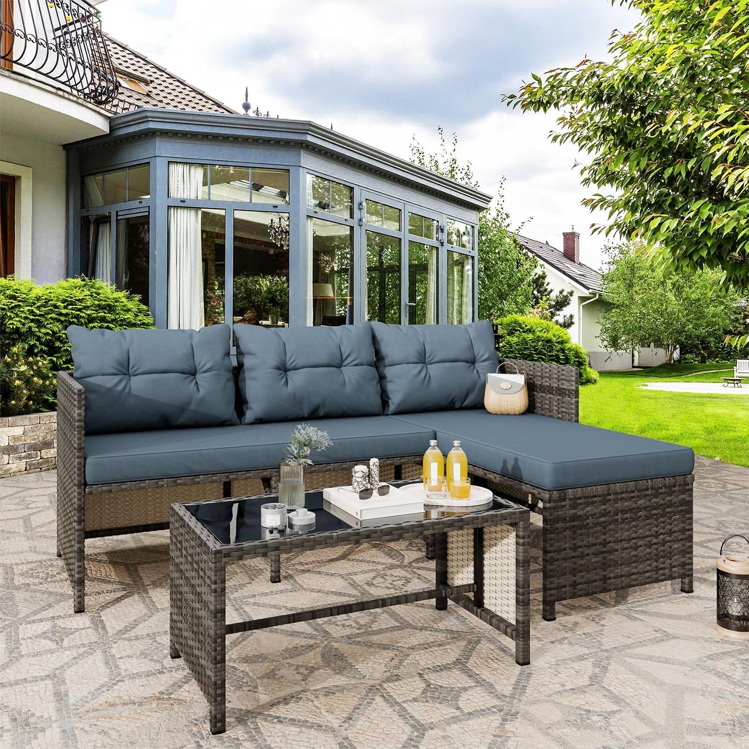 Vongrasig 3 Pieces Patio Furniture Sets, All-Weather Wicker Outdoor Sofa Couch Sectional Set, Small Conversation Set for Patio, Garden w/Cushion, Glass Table, (Blue)
