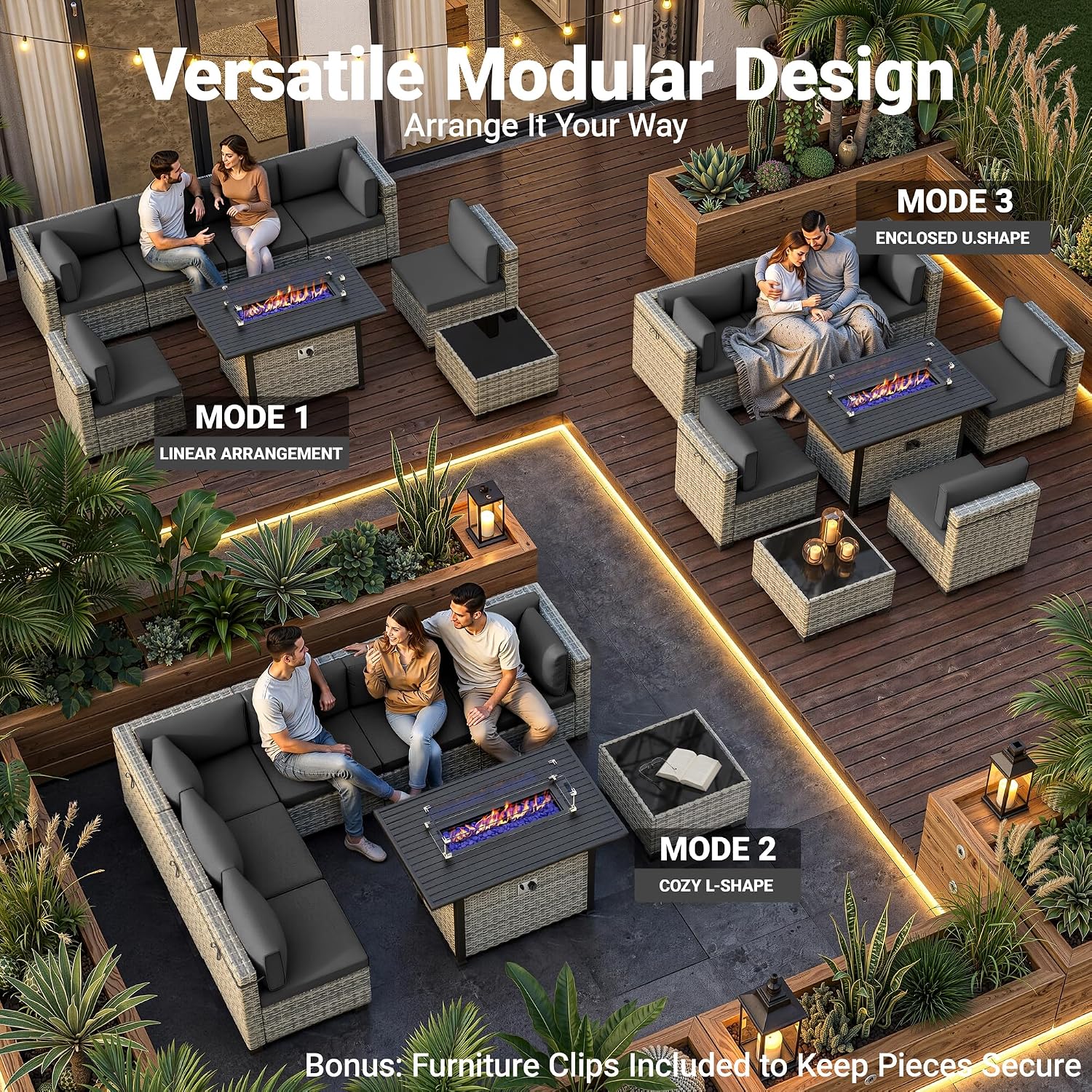 8-Piece Modern Patio Conversation Set with 55,000 BTU Fire Pit Table, Thick Cushions, Upgraded Rattan, Reinforced Frame