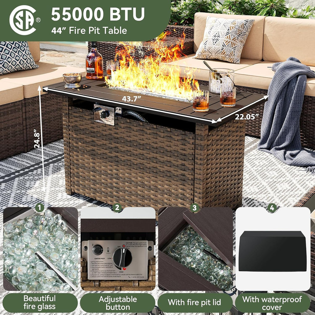 Aoxun 9 Piece Patio Furniture Set with 44' Fire Pit Table, Wicker Outdoor Furniture Set with Storage Box, Patio Sectional Set with Cushions and Waterproof Cover (Brown & Khaki)