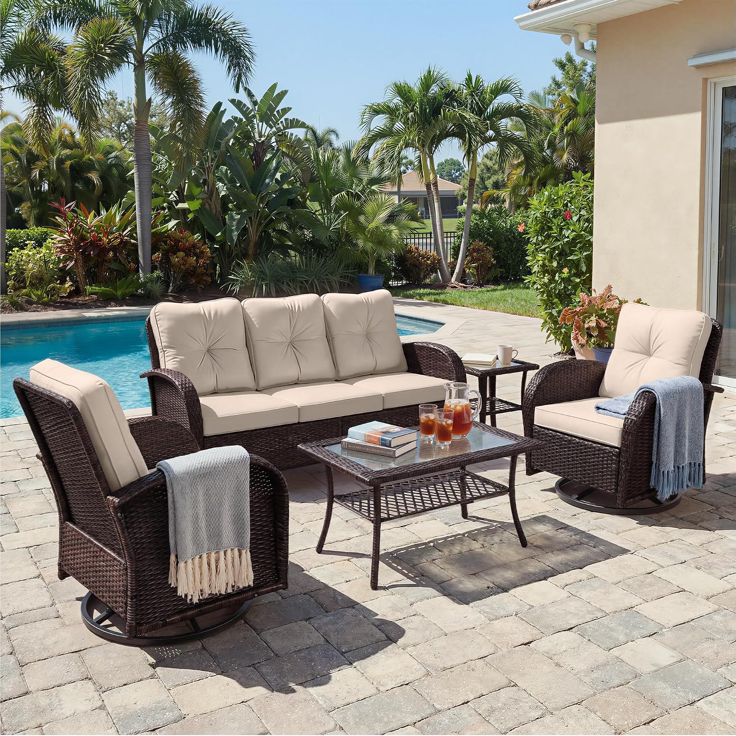 UPHA 5 Pieces Patio Furniture Sets, Wicker Outdoor 3-Seat Sofa Set with Swivel Chairs, Patio Conversation Set for Deck Backyard Garden, Brown Rattan, Beige Cushion