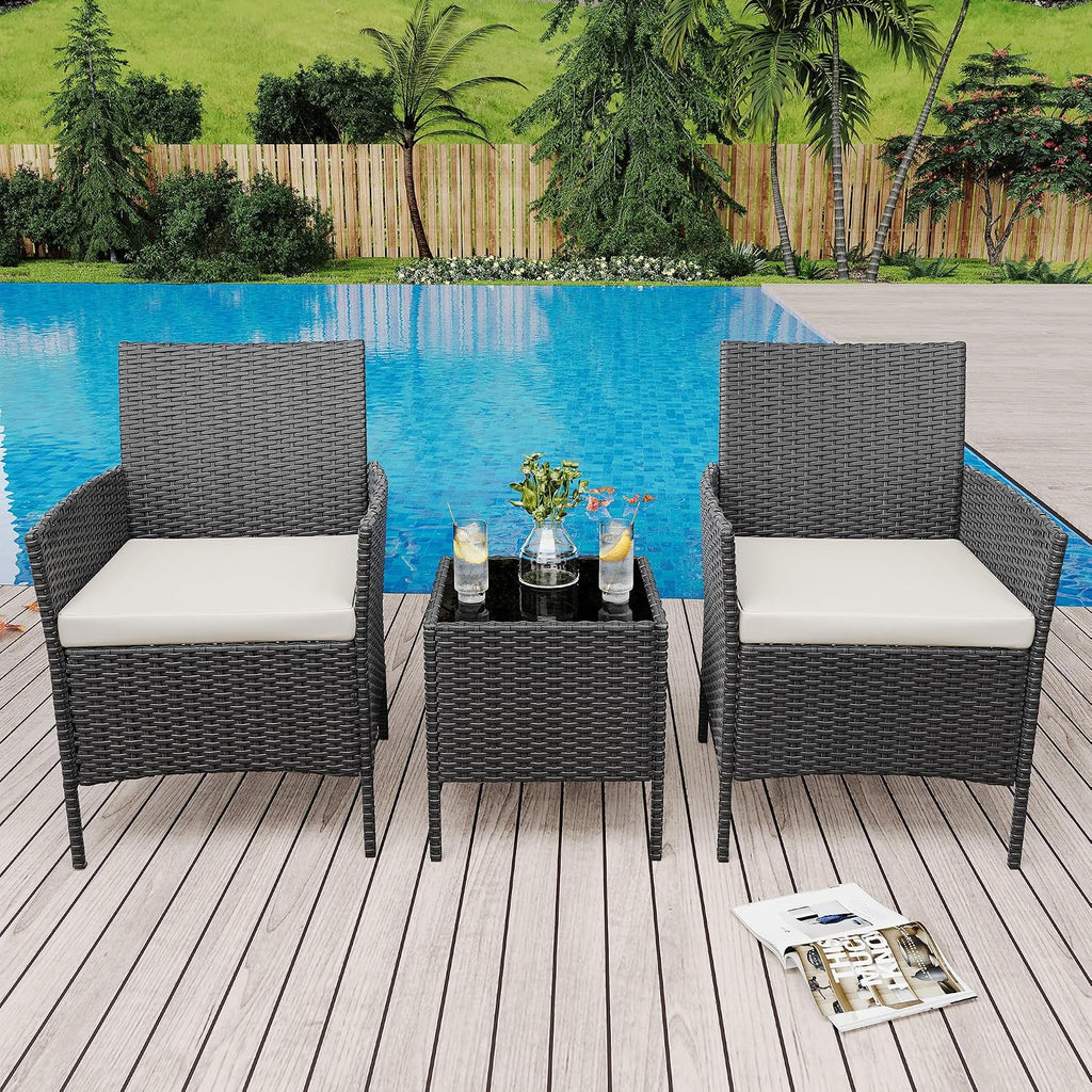 GarveeLife 3 Piece Patio Furniture Set, Rattan Outdoor Furniture with 2 Chairs & Coffee Table, Modern Outdoor Seating Conversation Bistro Set for Garden Backyard Porch (Black and Beige)