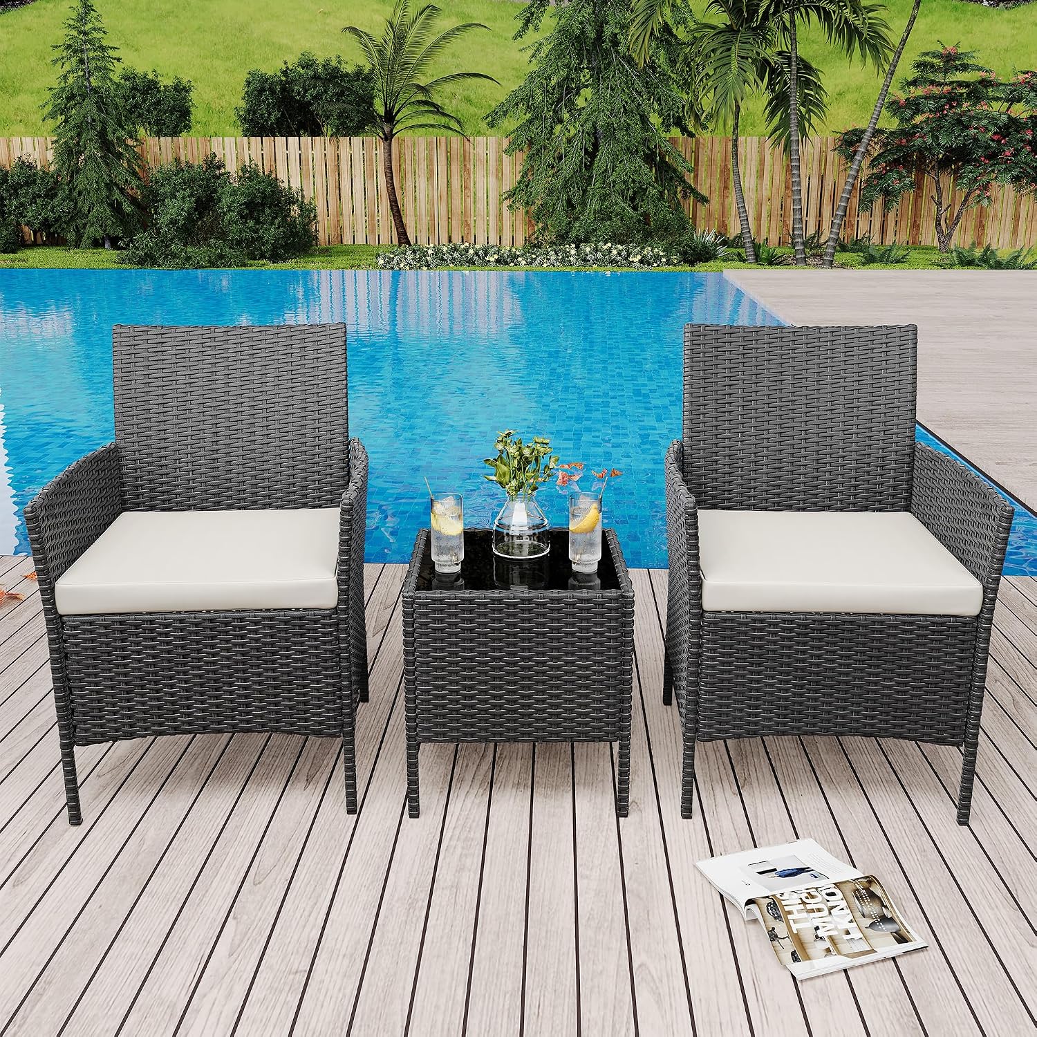 GarveeLife 3 Piece Patio Furniture Set, Rattan Outdoor Furniture with 2 Chairs & Coffee Table, Modern Outdoor Seating Conversation Bistro Set for Garden Backyard Porch (Black and Beige)