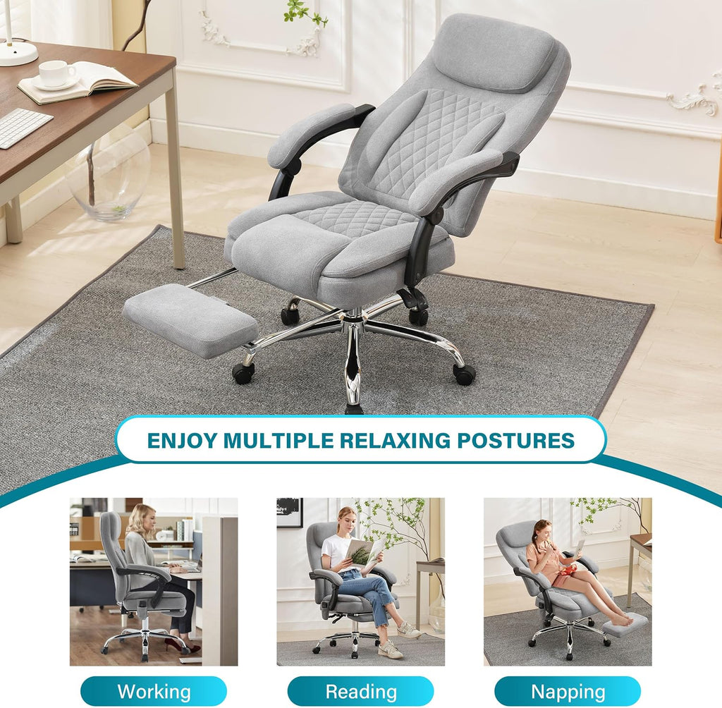 6-Point Massage Ergonomic Office Chair with Heated, Footrest & 45Reclining High Back, Big and Tall Executive Desk Chair 500LBS, Thick Cushion for Home Office, Grey