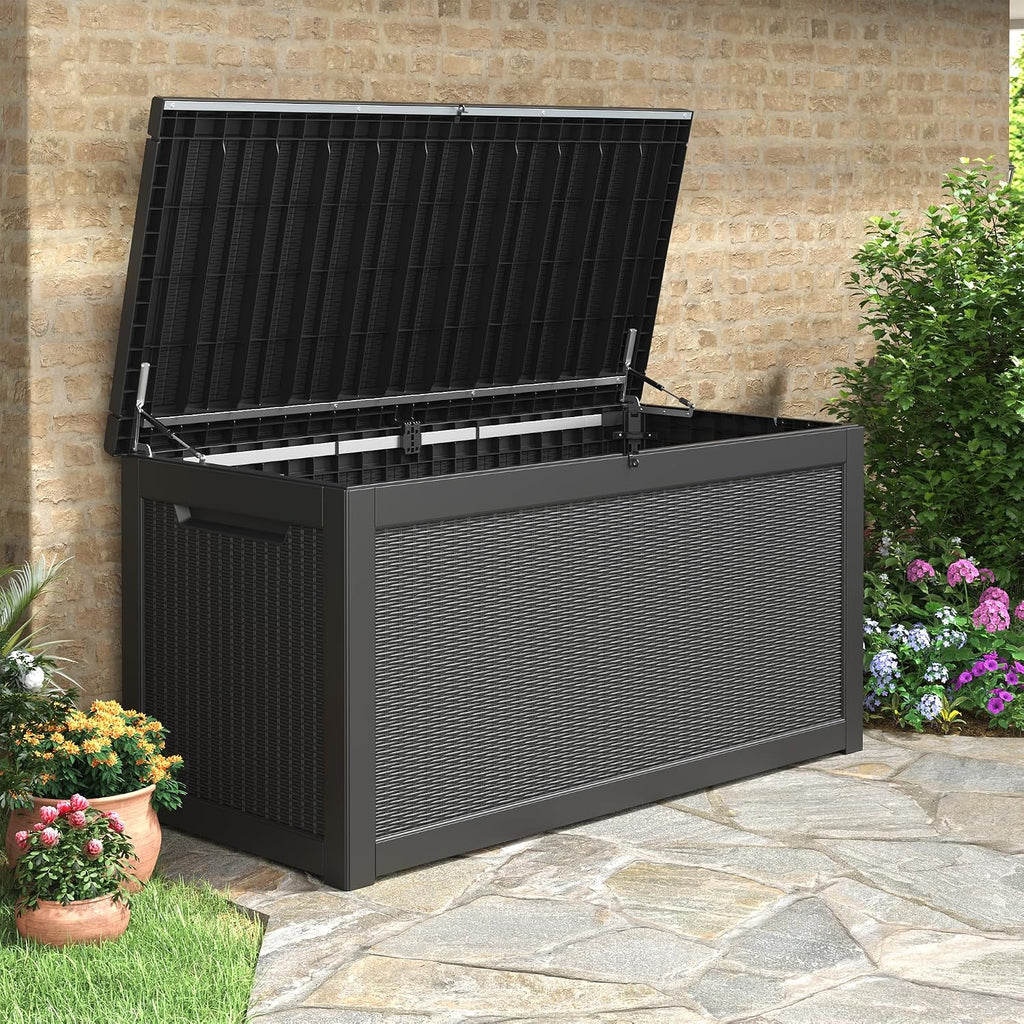 KAMABOKO 300 Gallon Outdoor Storage Box, Resin Deck Boxes Indoor and outdoor, Waterproof Storage Box Lockable Lid for Garden Tools, Package Delivery, Patio Cushions, Black