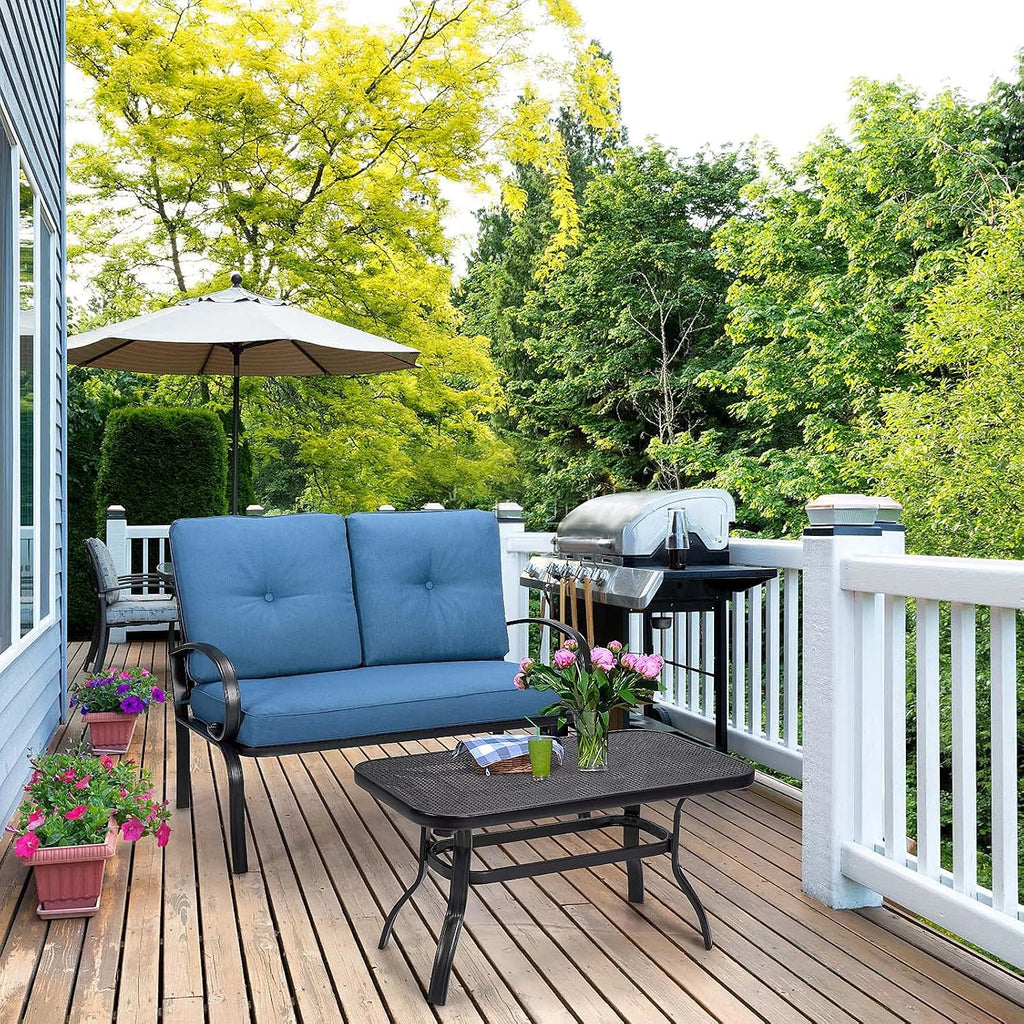 Giantex Patio Loveseat with Coffee Table Outdoor Bench with Cushion and Metal Frame, Loveseat Porch Furniture Set Sofa for Garden, Yard, Patio or Poolside (Navy & Black)
