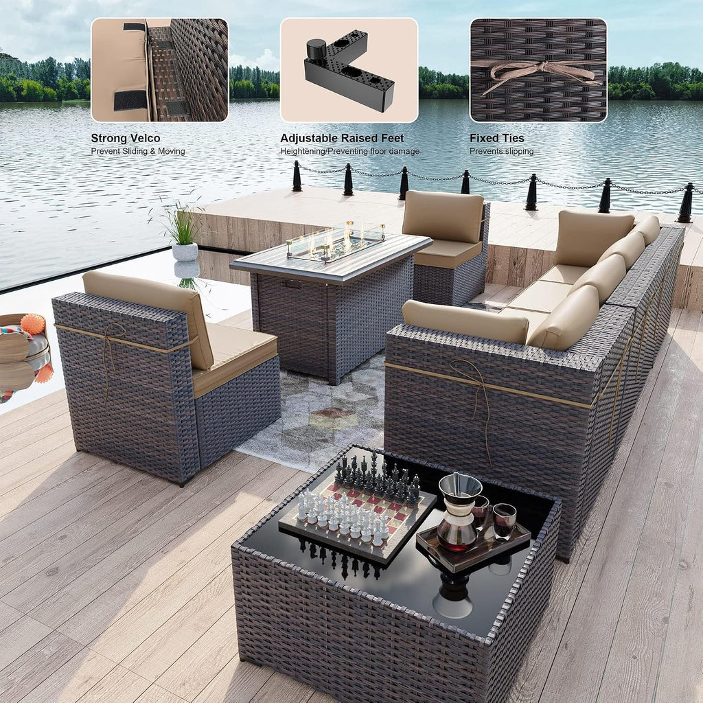 Kullavik 8 Pieces Outdoor Patio Furniture Set,Sectional Sofa Set with 43' 55000 BTU Gas Propane Fire Pit Table,Brown PE Rattan Wicker Patio Conversation Set,Sand