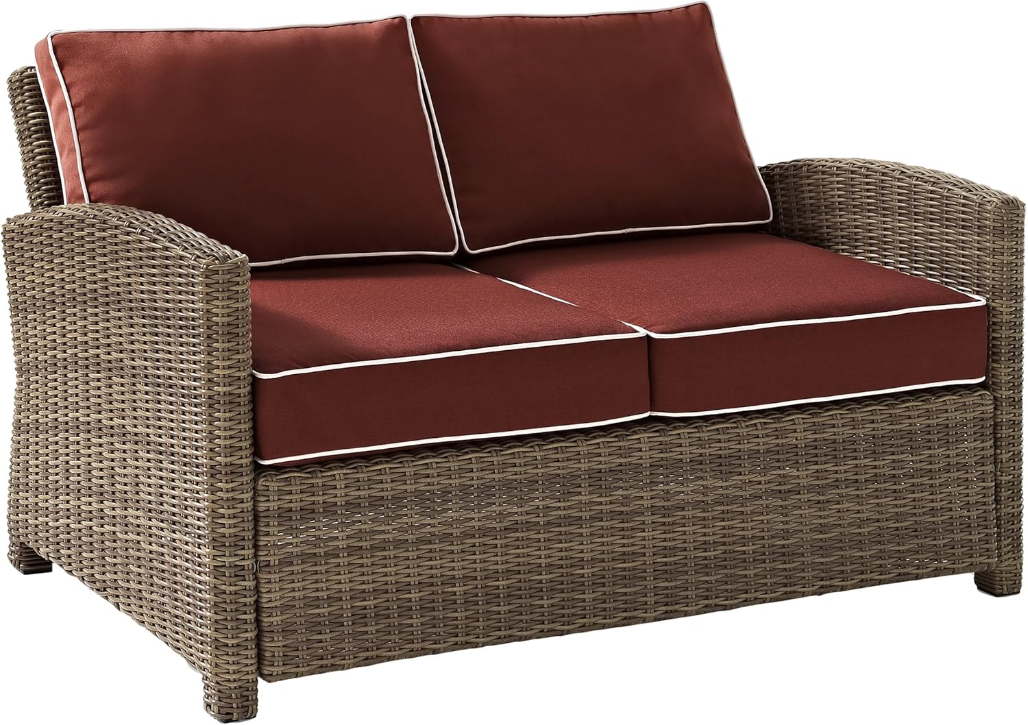 Crosley Furniture Bradenton 4-Piece Outdoor Loveseat Patio Furniture Set, Wicker Conversation Sets for Porch, Brown with Sangria Cushions