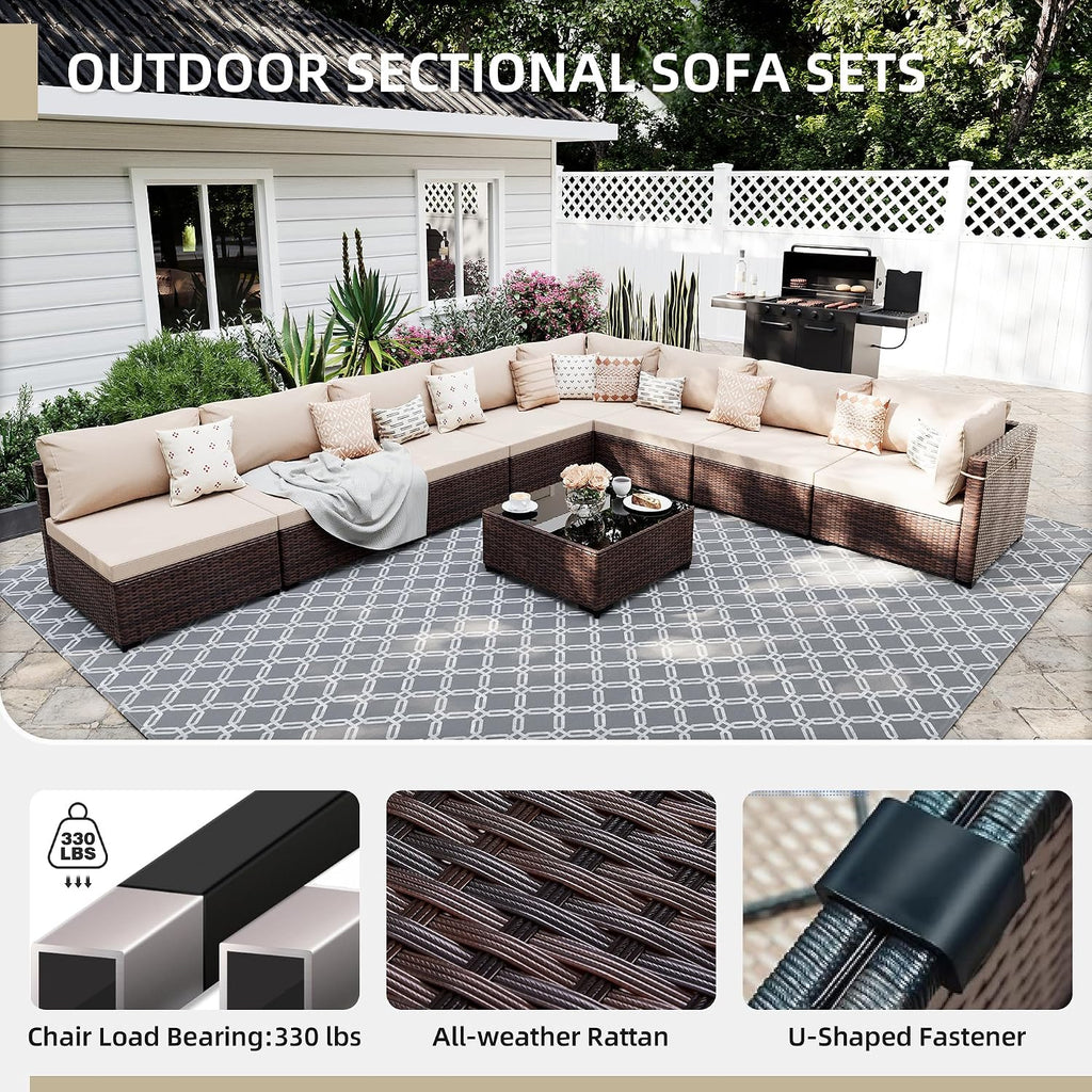 UPHA 9 Pieces Patio Furniture Sets, Wicker Outdoor Sectional Sofa Couch with Coffee Table, Patio Conversation Set for Deck Backyard Garden, Brown Rattan, Beige Cushion