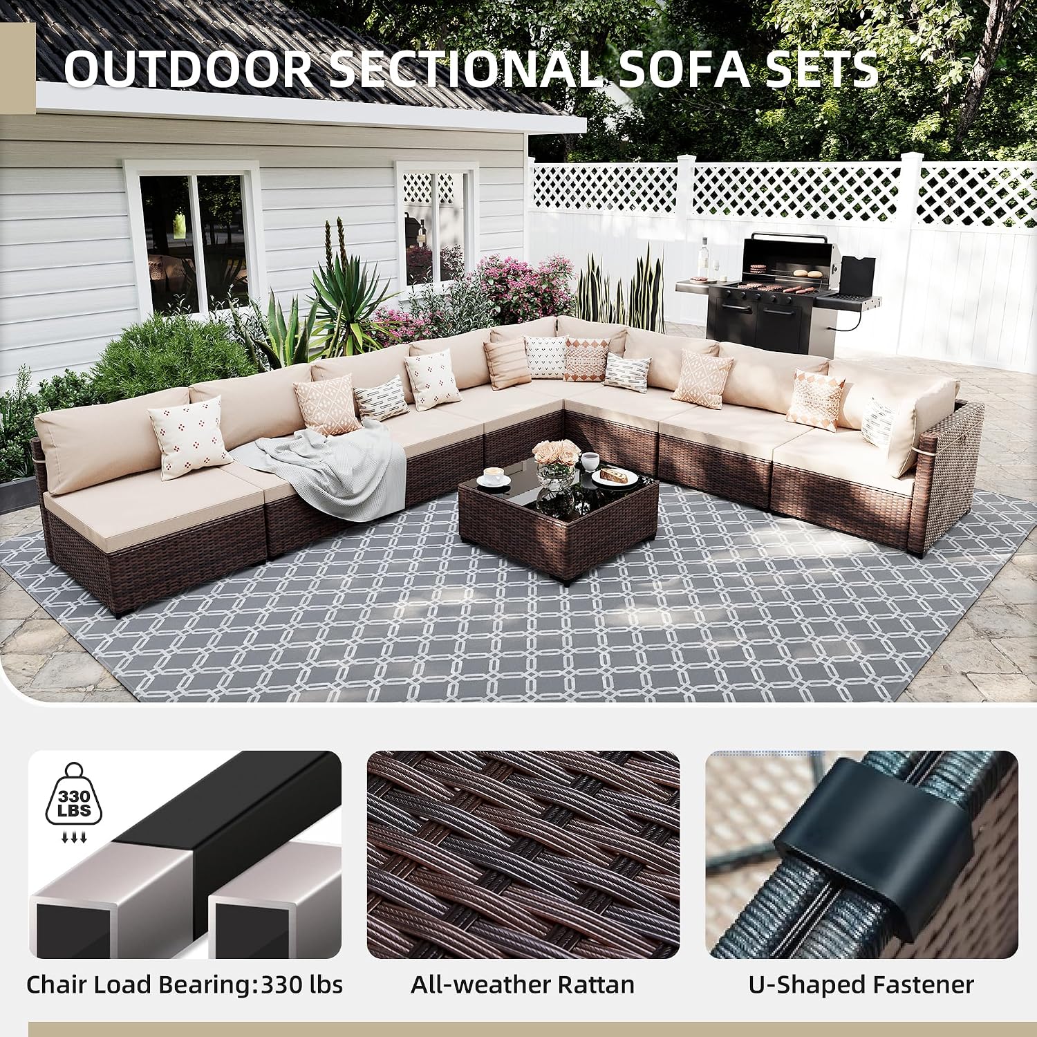 UPHA 9 Pieces Patio Furniture Sets, Wicker Outdoor Sectional Sofa Couch with Coffee Table, Patio Conversation Set for Deck Backyard Garden, Brown Rattan, Beige Cushion