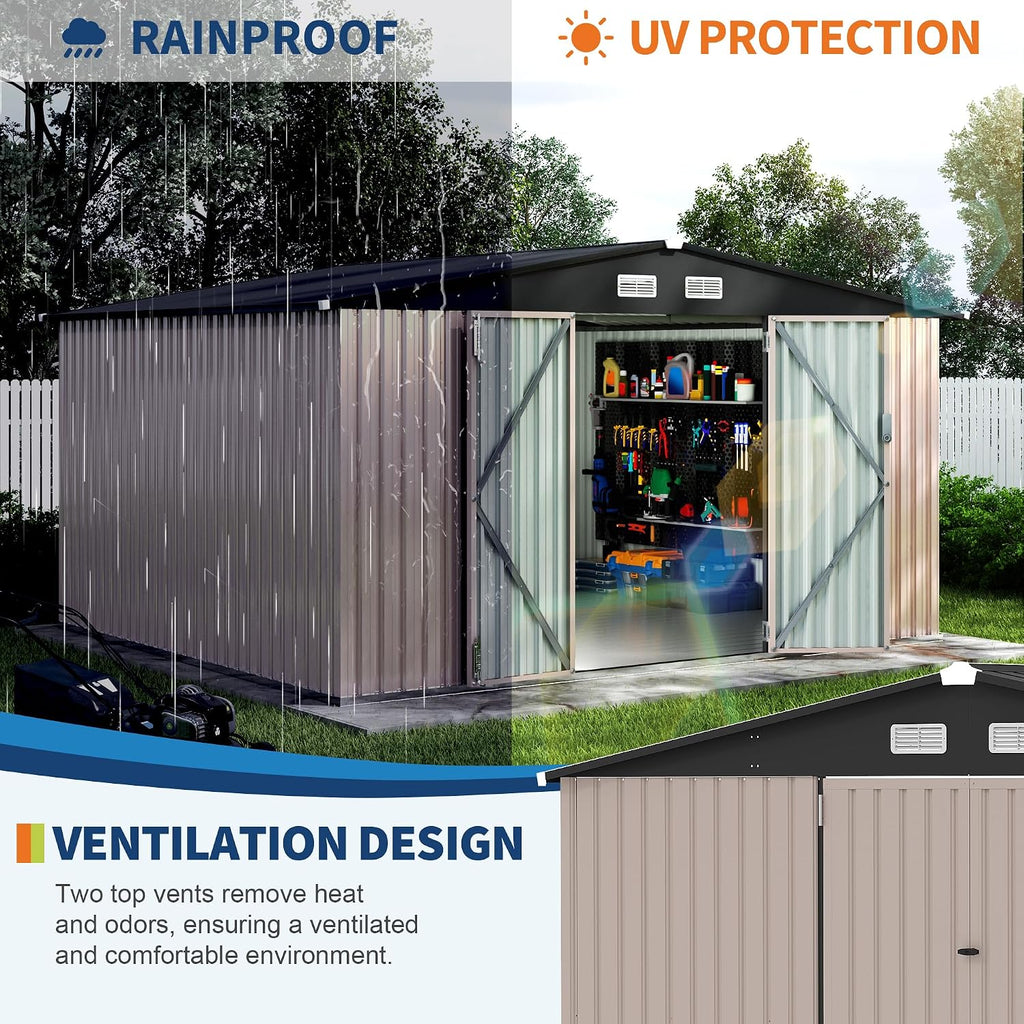 GarveeLife 10x12x6.4 ft Outdoor Storage Sheds with Floor, Metal Garden Tool Shed for Backyard, Large Metal Sheds Outdoor Storage With Lockable Doors & Air Vents for Backyard Garden Patio Lawn