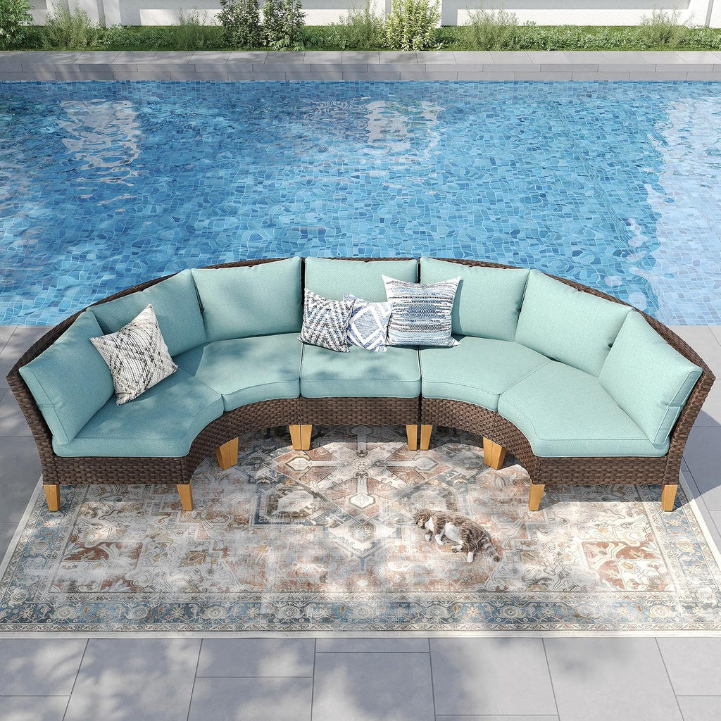 PHI VILLA 3-Piece Half-Moon Patio Furniture Set, Outdoor Curved Sectional Sofa Conversation Set with Cushions, Wicker Modular Couch for Garden, Deck, Backyard, Aqua Blue