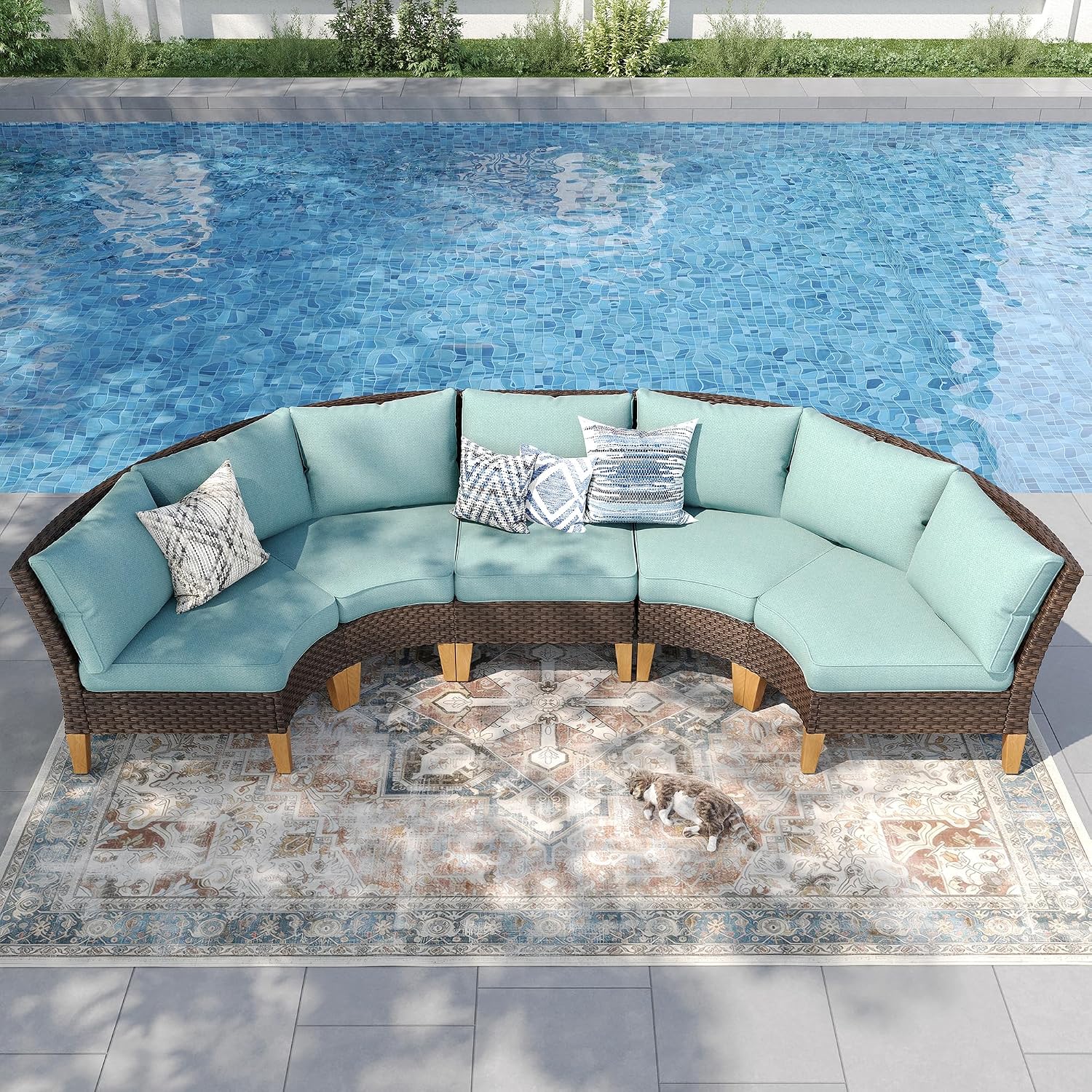 PHI VILLA 3-Piece Half-Moon Patio Furniture Set, Outdoor Curved Sectional Sofa Conversation Set with Cushions, Wicker Modular Couch for Garden, Deck, Backyard, Aqua Blue
