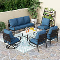 PHI VILLA 6 Piece Patio Furniture Sets with 1 x 3-Seat Wide Deep Seating Bench, 2 x Swivel Cushioned Sofa Chairs, 2 x Leg Sofa & 1 x Coffee Table, Outdoor Furniture Set for 7 Person, Peacock Blue