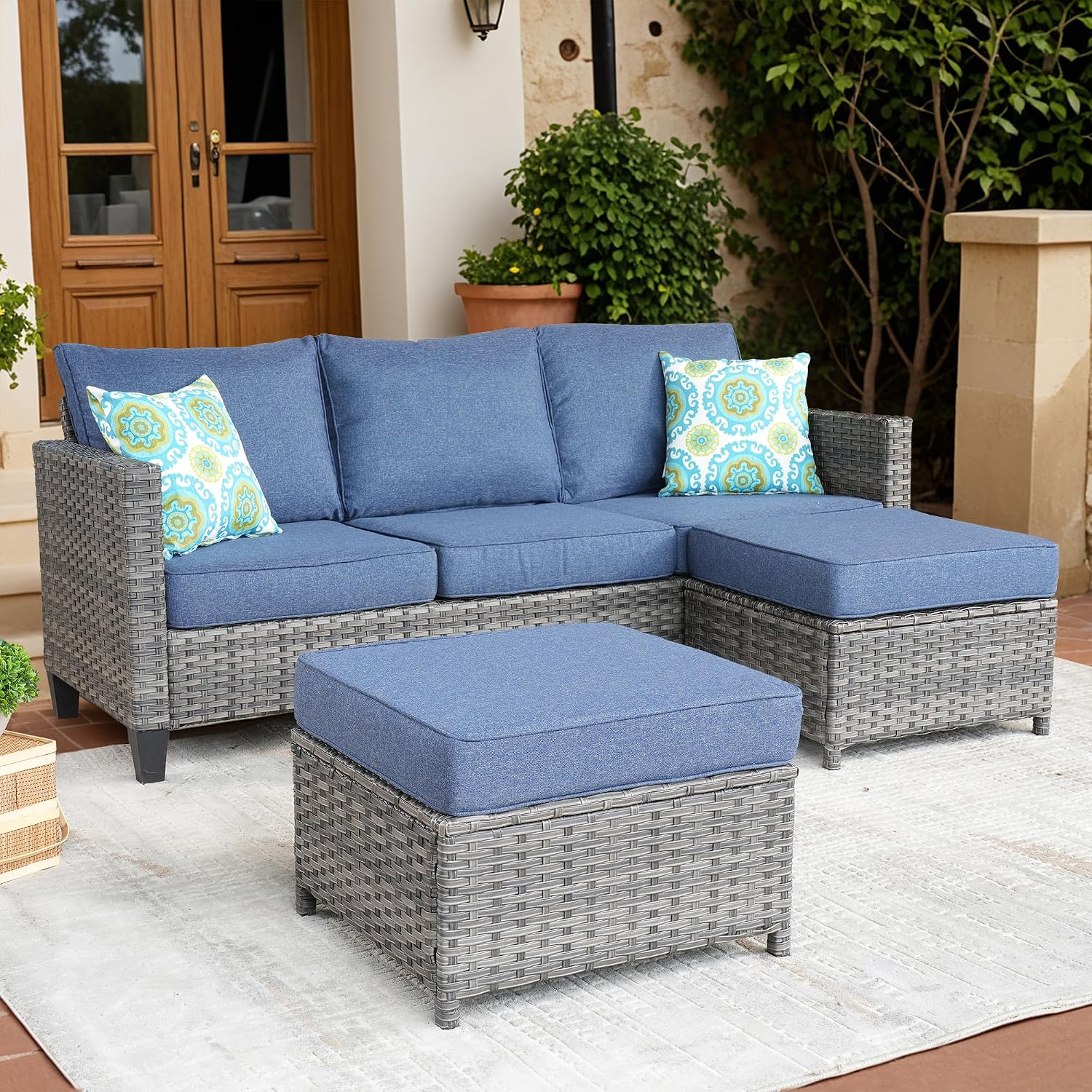 ovios Patio Sofa 3 Pieces Patio Furniture Set Outdoor Wicker Sofa Couch with Ottomans Thick Cushions, All Weather Rattan Conversation Set for Porch Backyard Deck, Denim Blue