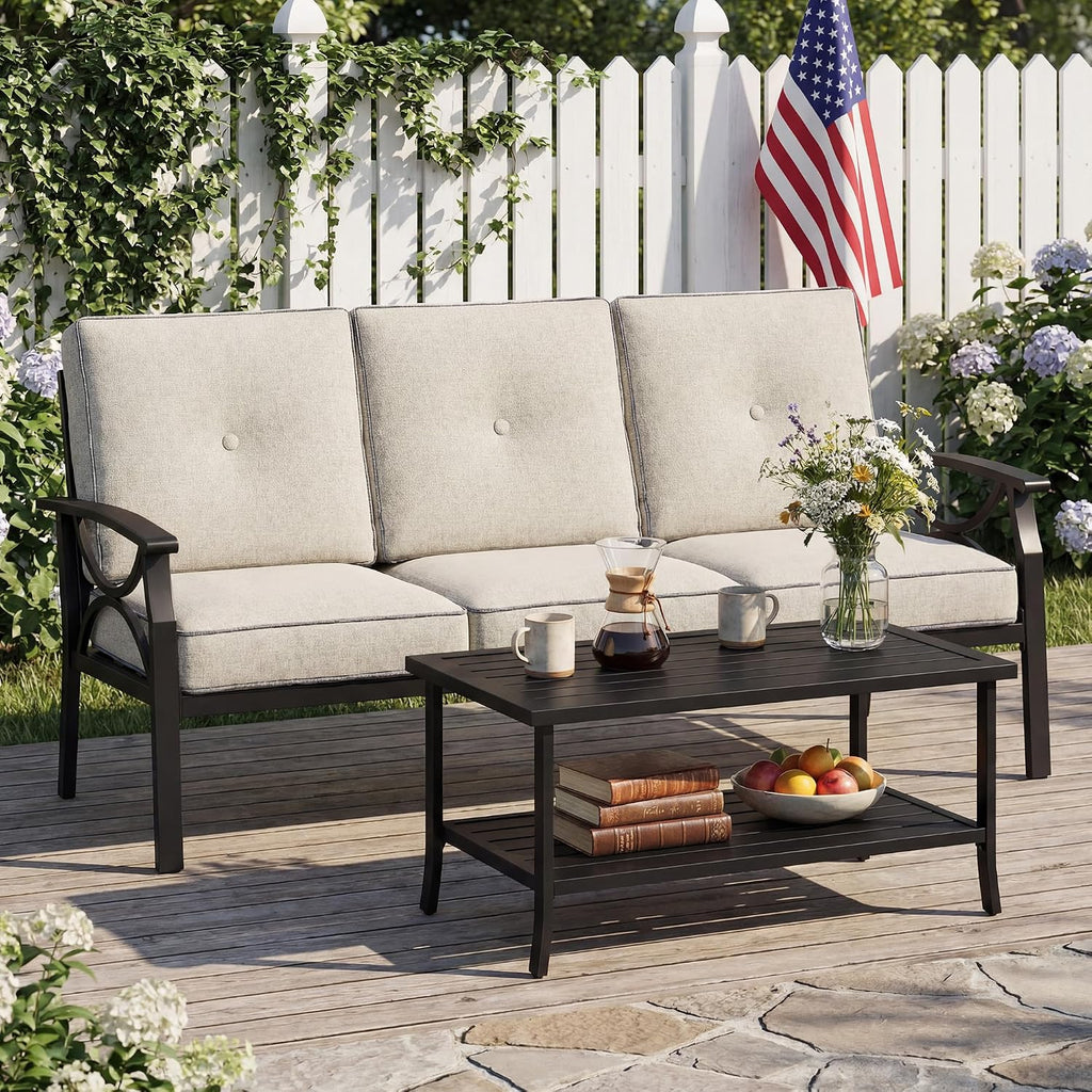 FansaFurn 3 Seats Outdoor Patio Furniture Set, Outdoor Metal Sectional Furniture with Cushions, Outdoor Conversation Set with Coffee Table for Backyard, Garden, Deck, Balcony, Black