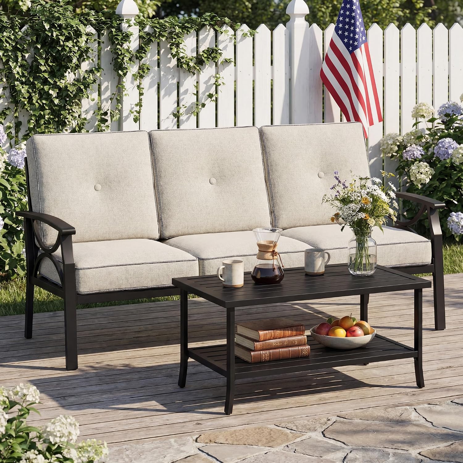 FansaFurn 3 Seats Outdoor Patio Furniture Set, Outdoor Metal Sectional Furniture with Cushions, Outdoor Conversation Set with Coffee Table for Backyard, Garden, Deck, Balcony, Black