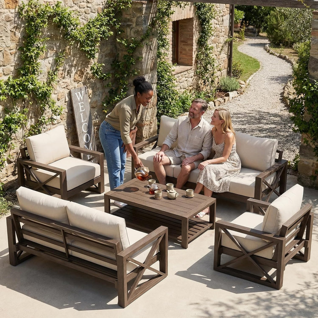 UDPATIO Aluminum Patio Furniture Set, Faux Wood Grain Modern Outdoor Furniture, 6' Cushions Metal Patio Conversation Sofa with Fire Table for Poolside Deck, 6 PCS, Dark Grey(Include 600D Covers)