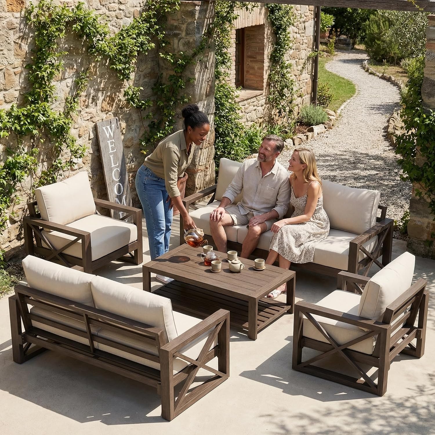 UDPATIO Aluminum Patio Furniture Set, Faux Wood Grain Modern Outdoor Furniture, 6' Cushions Metal Patio Conversation Sofa with Fire Table for Poolside Deck, 6 PCS, Dark Grey(Include 600D Covers)