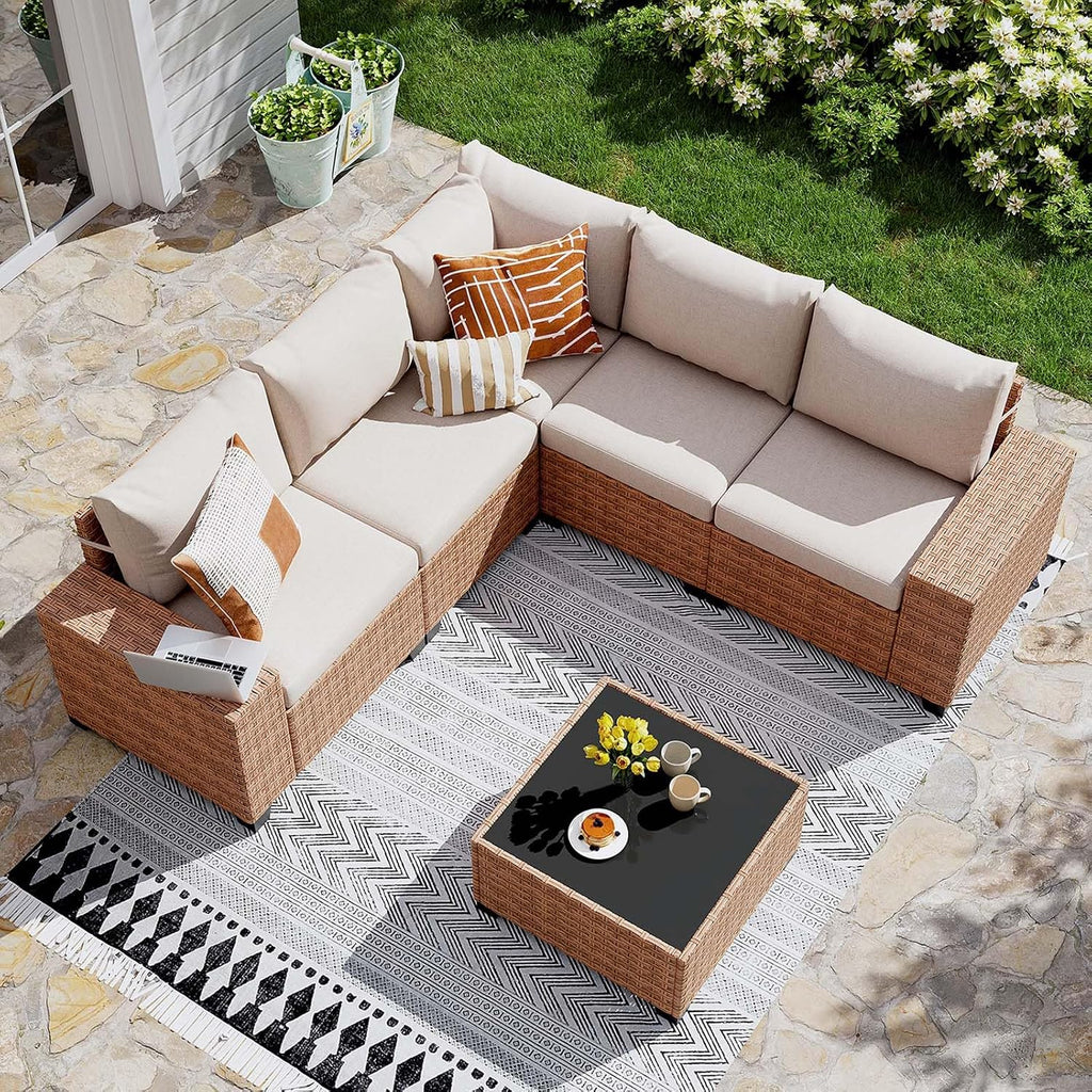 JOIVI 6-Piece Outdoor Sectional Patio Furniture Set, All-Weather Wicker Conversation Sectional with 8' Wide Armrests & 4' Cushions, Modular L-Shaped Sofa for Backyard, Garden & Porch, Beige