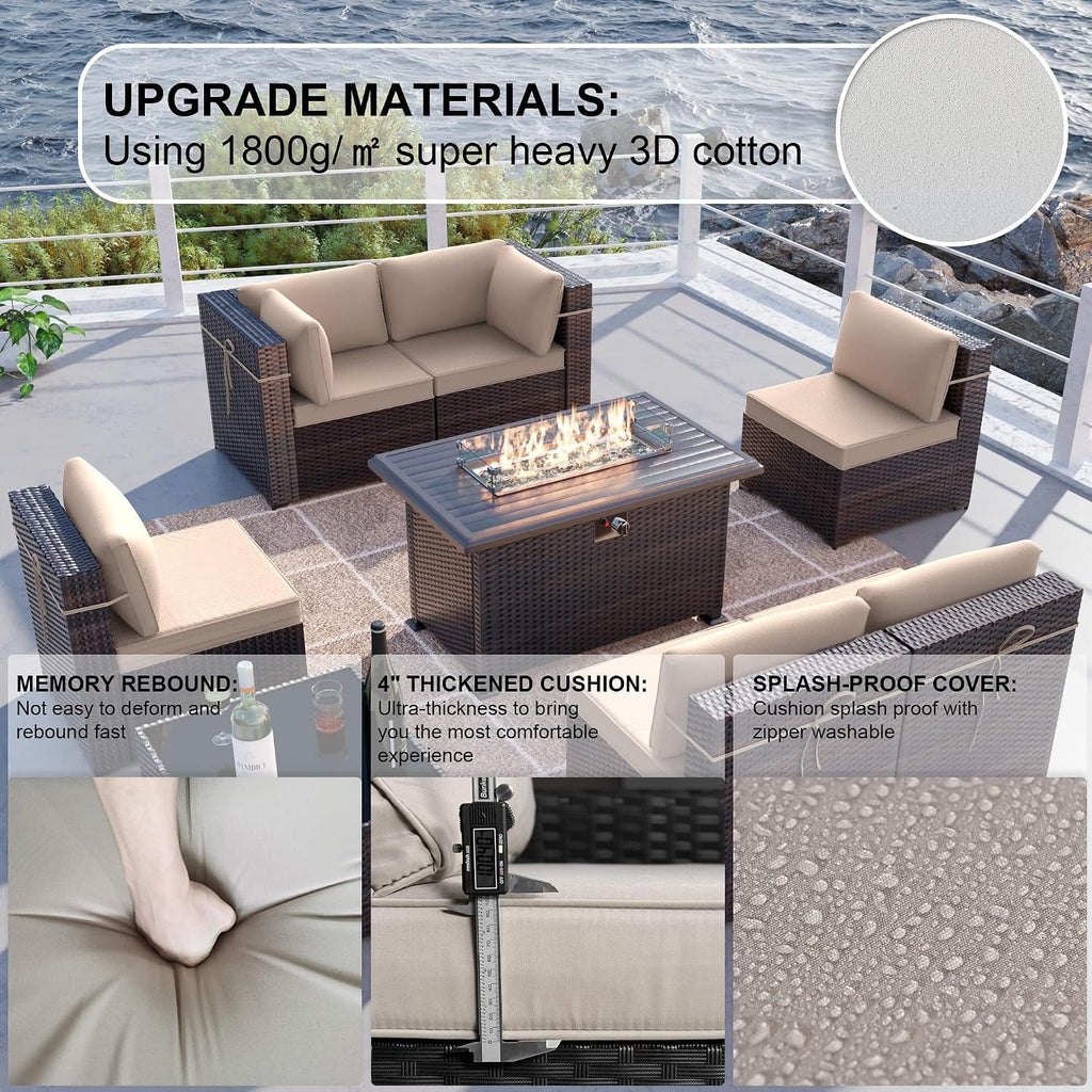 Kullavik 8 Pieces Outdoor Patio Furniture Set,Sectional Sofa Set with 43' 55000 BTU Gas Propane Fire Pit Table,Brown PE Rattan Wicker Patio Conversation Set,Sand