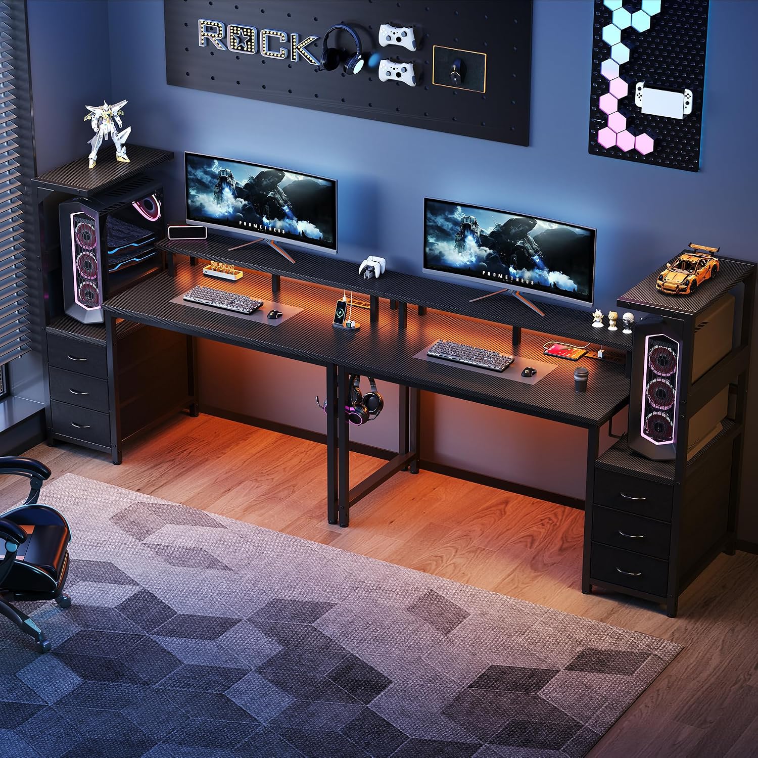 DUMOS L Shaped Gaming Desk with Shelves Storage Drawers 52'', Black Computer Desks with LED Lights Power Outlets, Office Wood Table with PC Stand Cable Management for Bedroom Dual Monitor Streaming