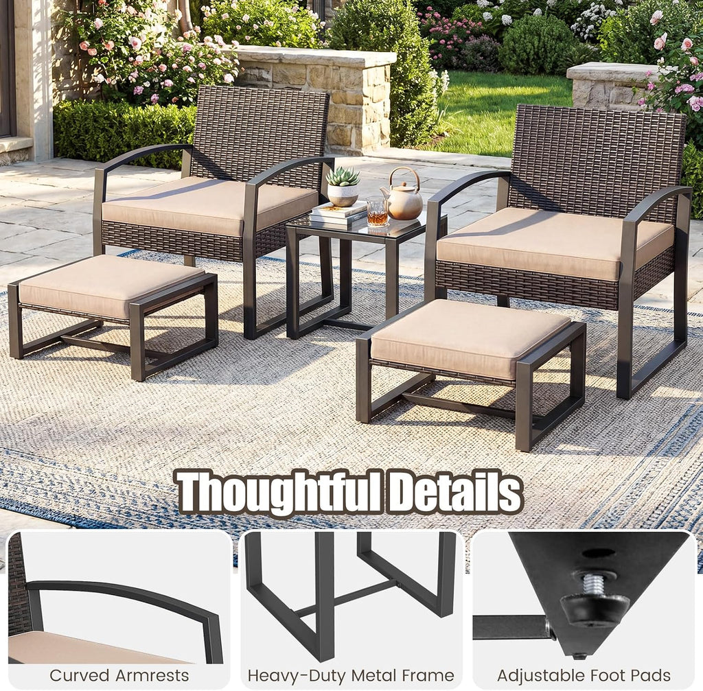 Tangkula 5 Pieces Wicker Patio Conversation Set, Outdoor PE Rattan Chair with Ottoman Set with Glass Side Table, 2-Person Small Balcony Furniture Seating Set with Cushions for Porch, Backyard, Deck