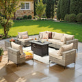 8 Pcs Patio Furniture with Fire Pit Table, Outdoor Rattan Wicker Conversation Set with Glowing Coffee Table, Comfy Sectional Sofa for Porch Balcony Backyard Pool, Beige