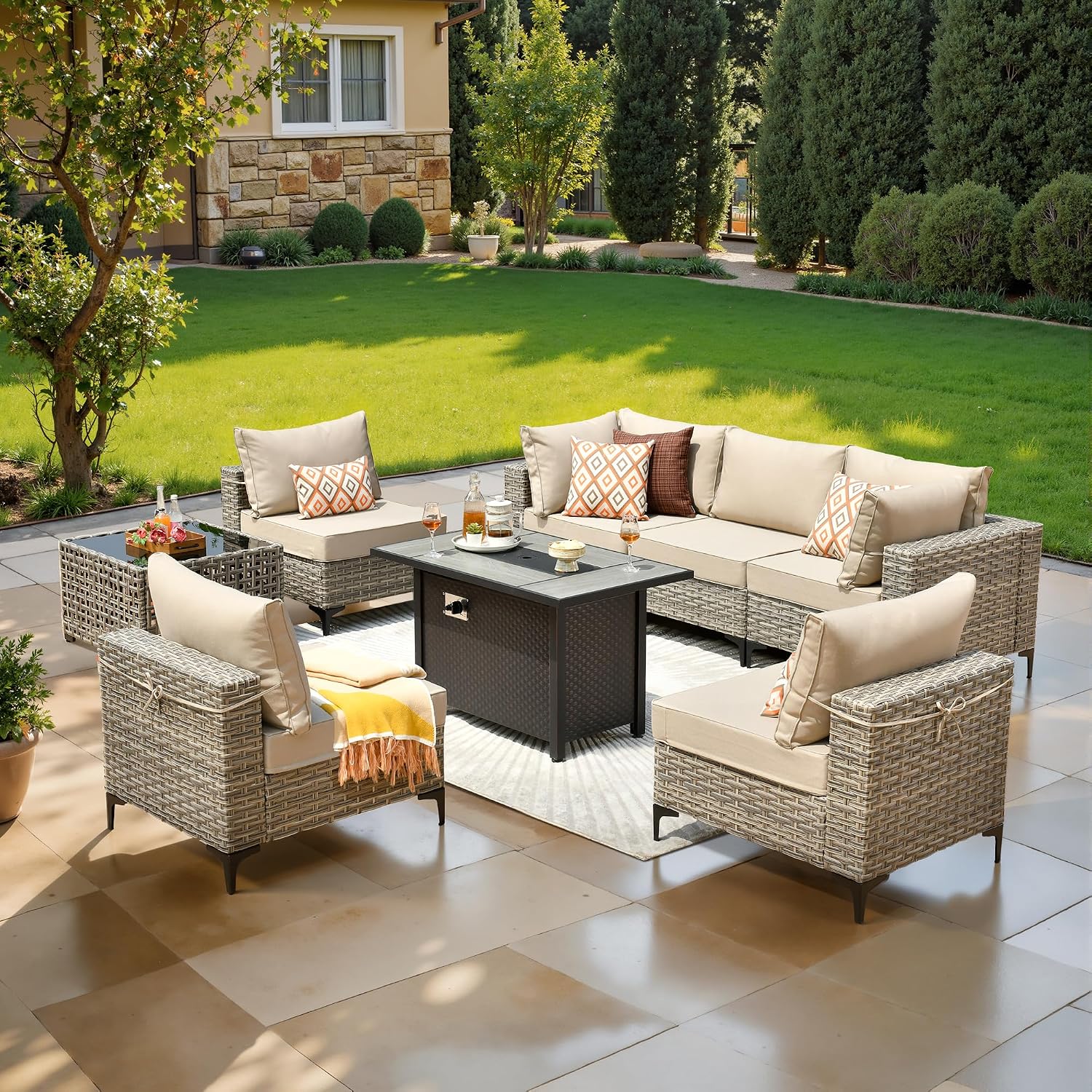 8 Pcs Patio Furniture with Fire Pit Table, Outdoor Rattan Wicker Conversation Set with Glowing Coffee Table, Comfy Sectional Sofa for Porch Balcony Backyard Pool, Beige