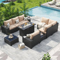 Aoxun Patio Furniture Sets with 44'' Fire Pit, 10 Pcs Outdoor Patio Coversation Set with 4'' Thicken Cushion and Coffee Table, Widen Armrests Wicker Outdoor Sectional for Backyard & Garden, Beige