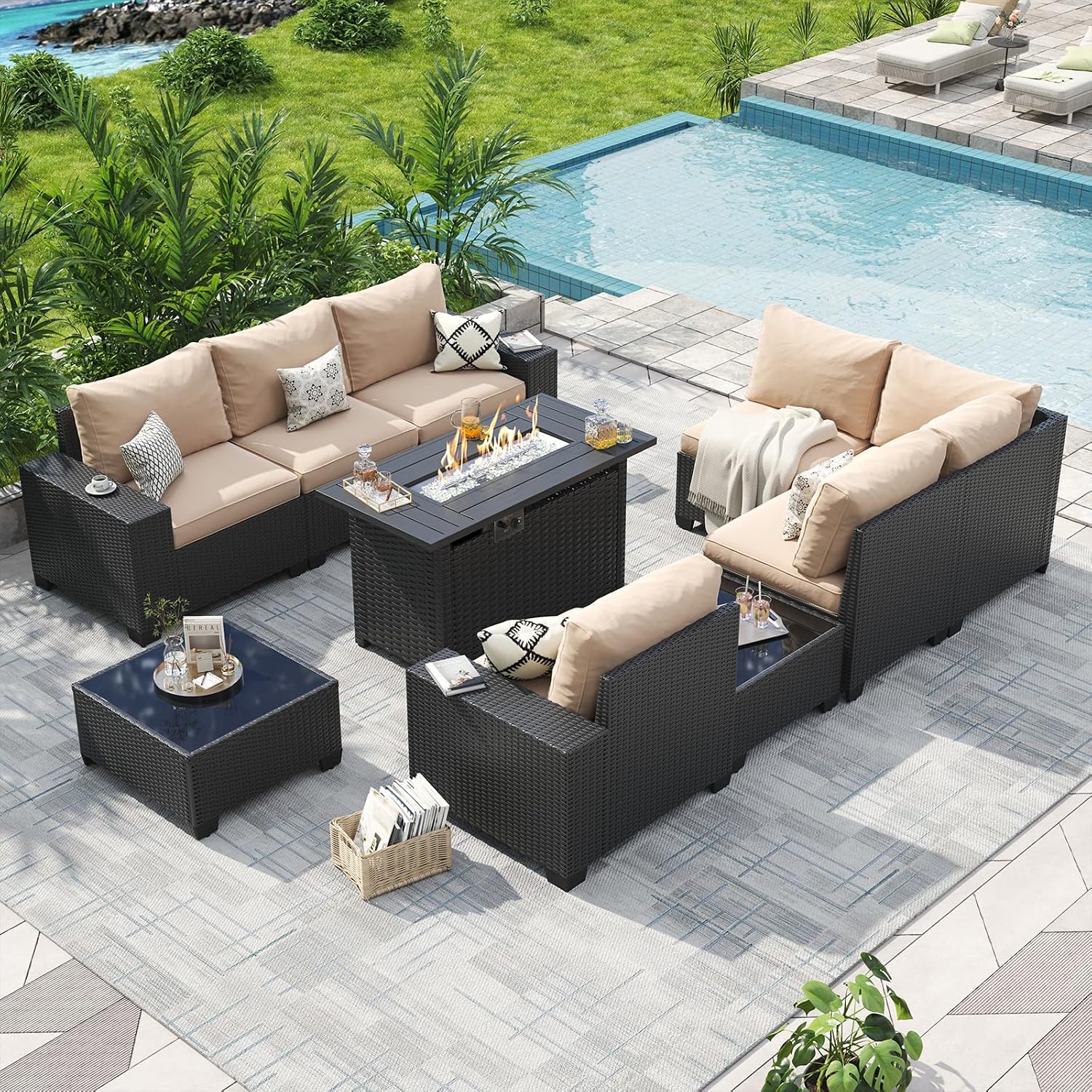 Aoxun Patio Furniture Sets with 44'' Fire Pit, 10 Pcs Outdoor Patio Coversation Set with 4'' Thicken Cushion and Coffee Table, Widen Armrests Wicker Outdoor Sectional for Backyard & Garden, Beige