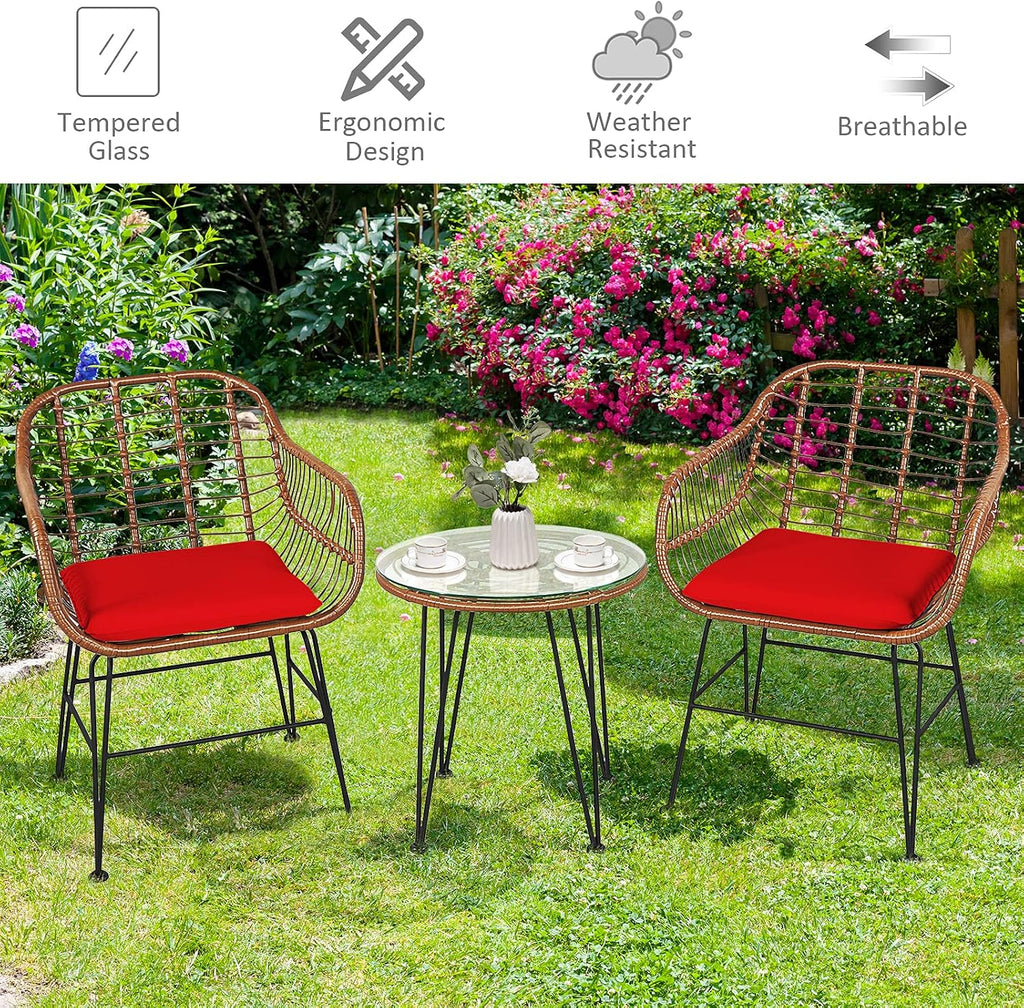 COSTWAY 3 Pieces Patio Bistro Set, Outdoor Rattan Conversation Seating Chair Set with Coffee Table & Soft Cushions, Indoor Wicker Furniture Set for Garden, Balcony, Porch, Pool, Red
