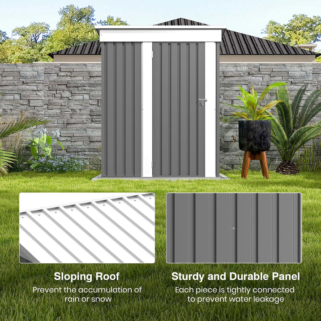 Patiolife 5x3 FT Outdoor Storage Shed, Metal Shed with Lockable Door & Sloping Roof, Steel Tool Shed for Backyard Patio Lawn, Grey