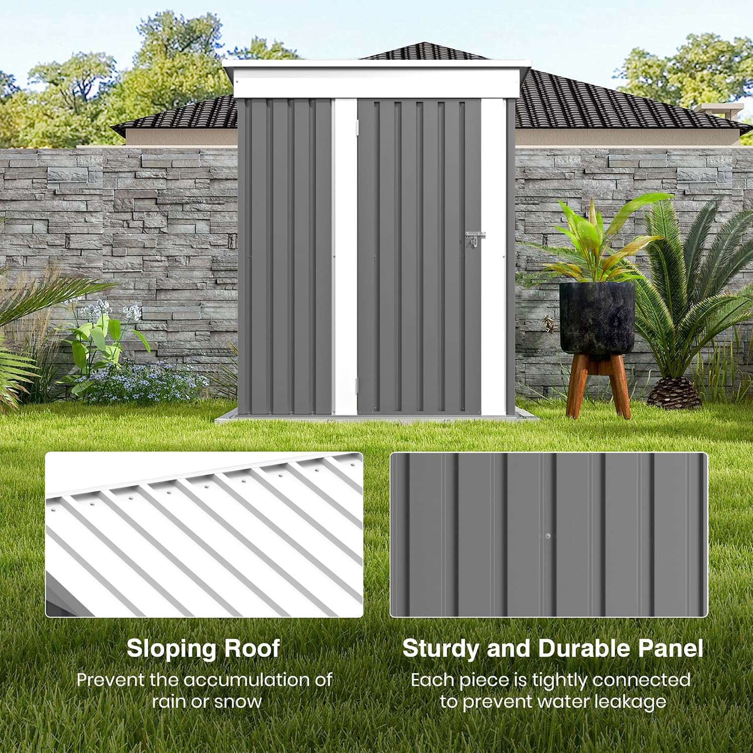 Patiolife 5x3 FT Outdoor Storage Shed, Metal Shed with Lockable Door & Sloping Roof, Steel Tool Shed for Backyard Patio Lawn, Grey
