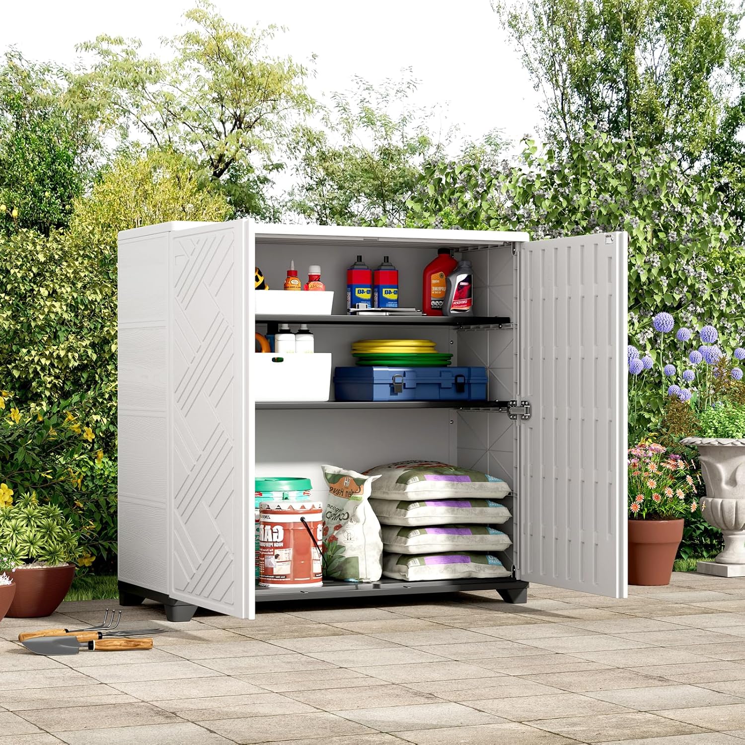 ZZM Indoor/Outdoor Storage Cabinet Waterproof, 34'x15'x34' Plastic Outdoor Storage Box for Garden Balcony Bathroom, All Weather Outdoor Storage Clearance, DIY Usage, with 2 Shelf (White)