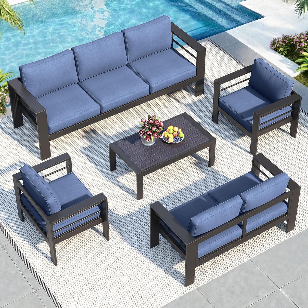 Solaste Aluminum Patio Furniture Set for All Weather, Modern Metal Outdoor Furniture Set with 27.5' Deep Seating and 3.2' Wide Armrest, Outdoor Patio Conversation Set with 10' Back Cushion, Blue