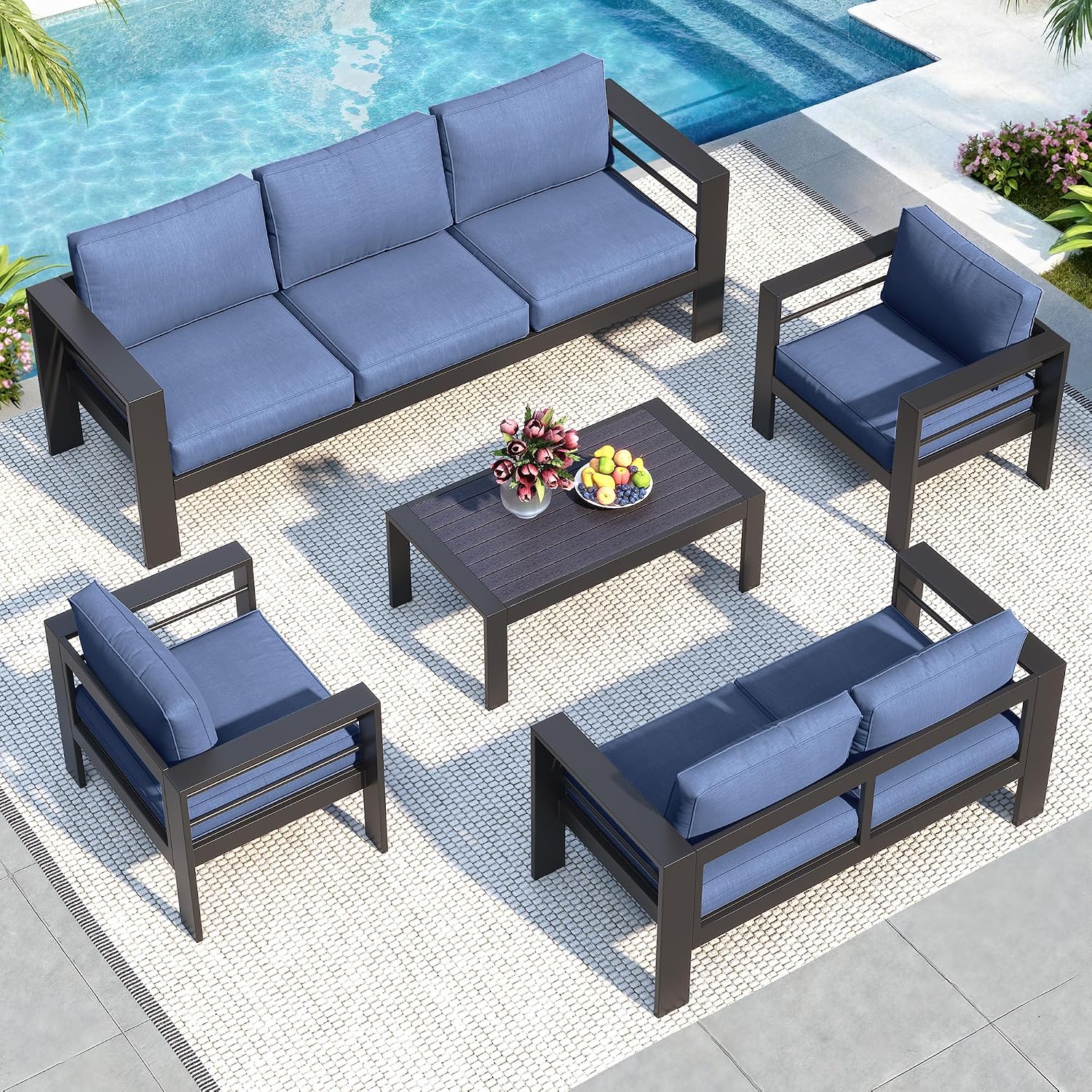 Solaste Aluminum Patio Furniture Set for All Weather, Modern Metal Outdoor Furniture Set with 27.5' Deep Seating and 3.2' Wide Armrest, Outdoor Patio Conversation Set with 10' Back Cushion, Blue