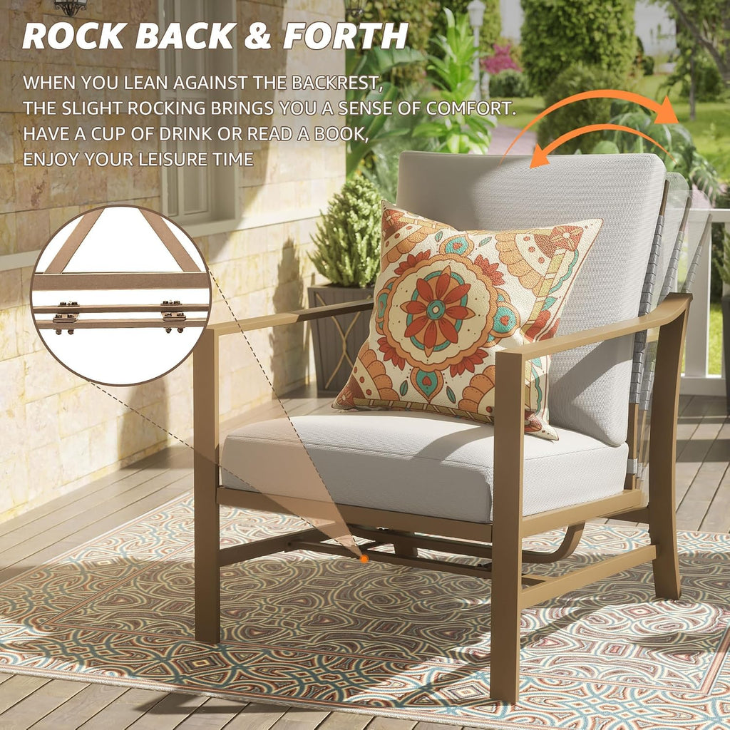 NATURAL EXPRESSIONS 4 Pieces Patio Furniture Sets, Modern Metal Outdoor Conversation Sets with High Back All Weather Hand-Woven Rope Rocking Chairs, Loveseat, Metal Table, 6' Thick Olefin Cushions