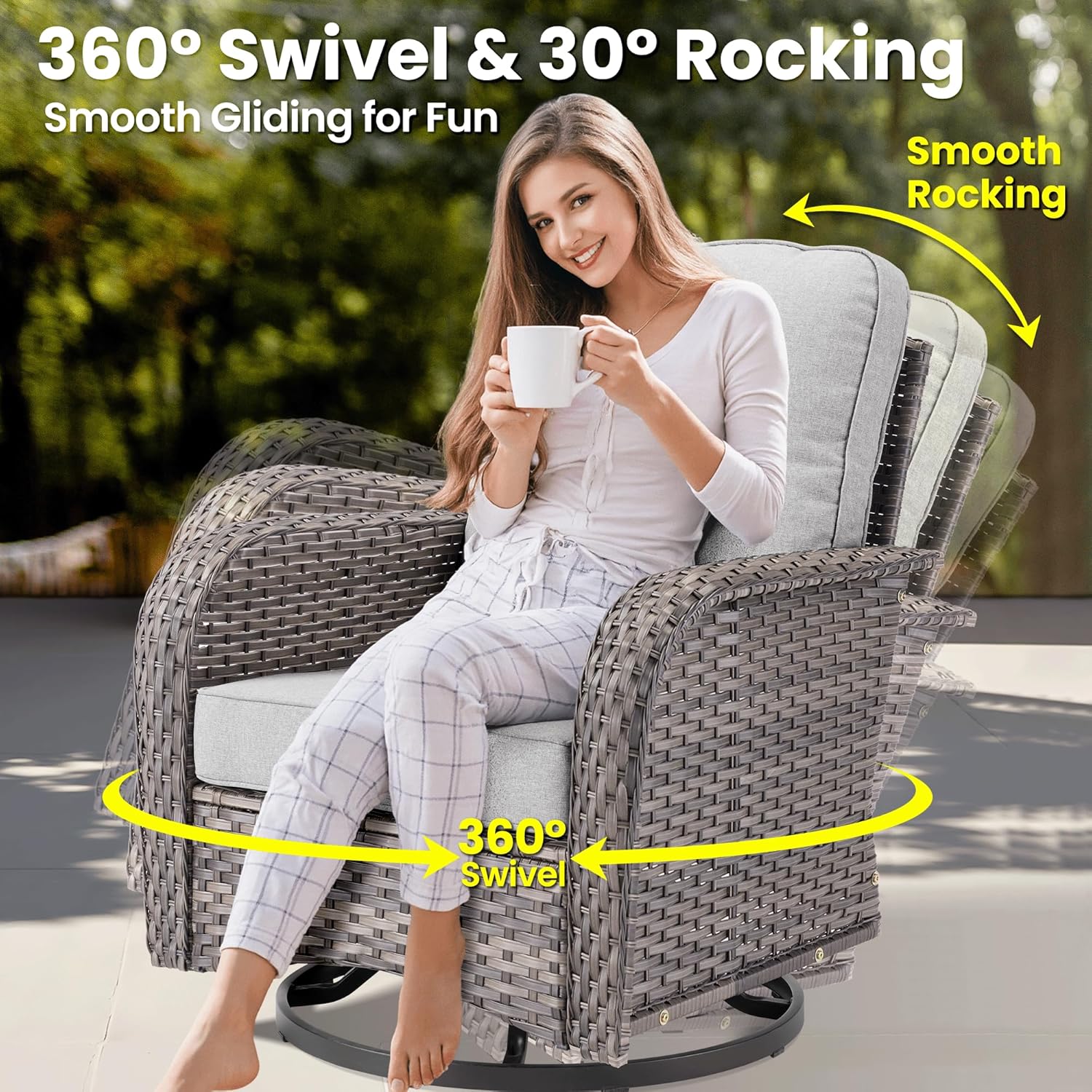 ovios 7 Pieces Patio Furniture Set, Outdoor Wicker Sofa Couch with Rocking Swivel Chairs Fire Pit Table, Modern Deep Seat Rattan Conversation Sets for Deck Porch, Grey