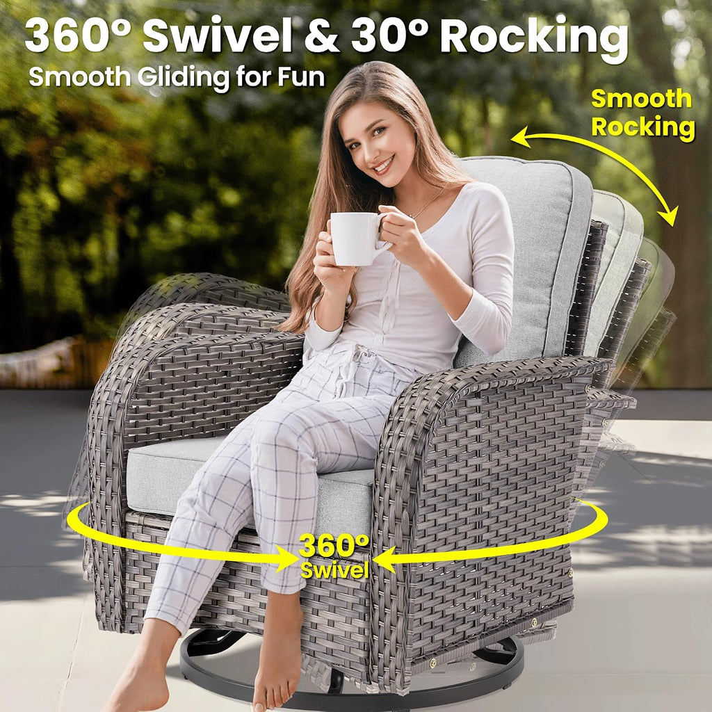 ovios 9 Pieces Patio Furniture Set, Outdoor Wicker Sofa Couch with Rocking Swivel Chairs Fire Pit Table, Modern Deep Seat Rattan Conversation Sets for Deck Porch, Grey